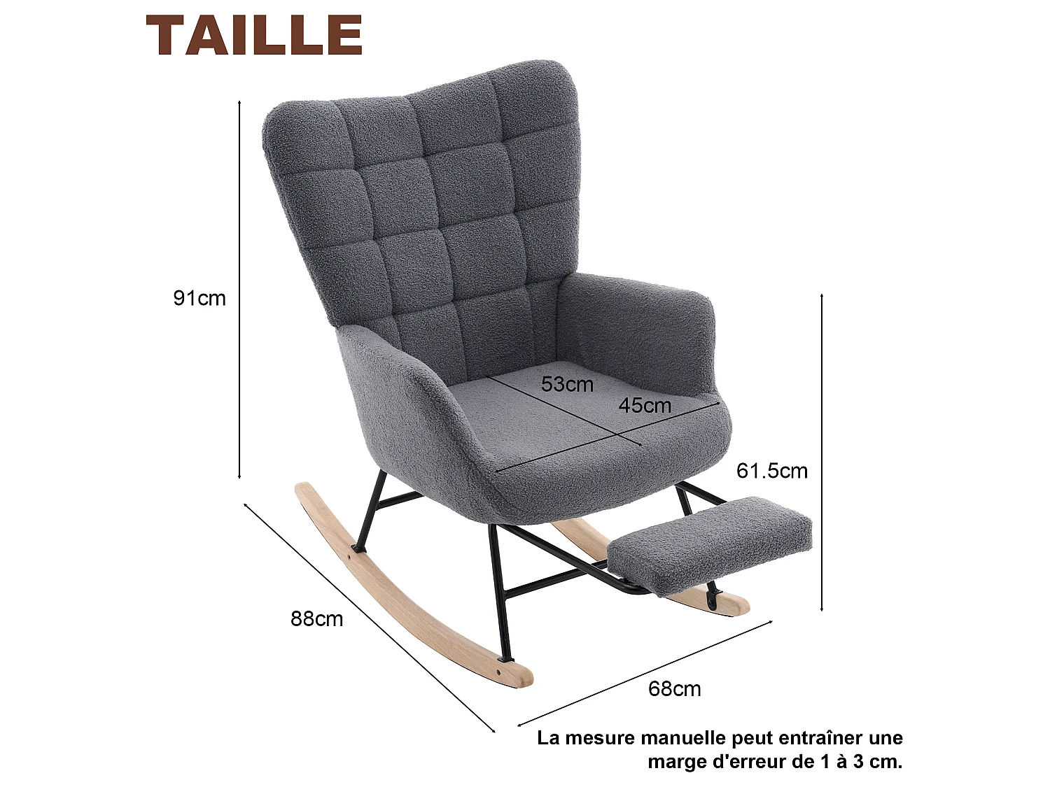 Rocking chair avec repose-pieds escamotable - Fauteuil à bascule en tissu gris