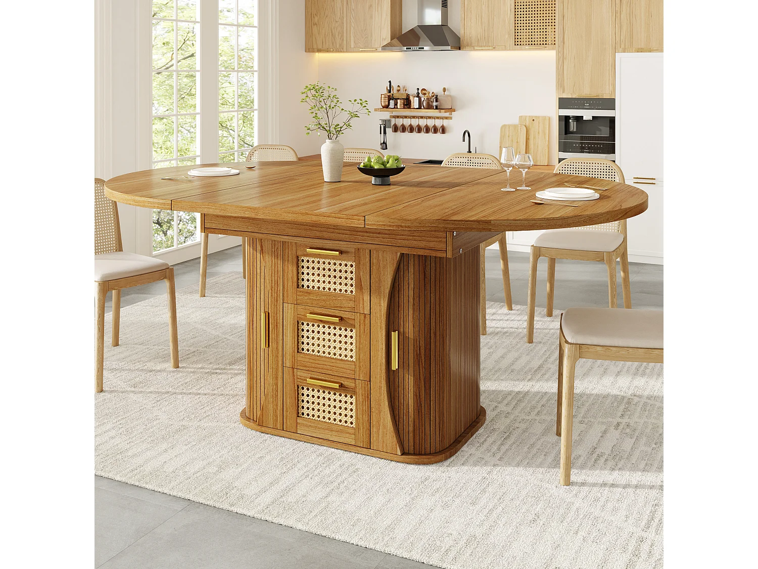 Table à manger extensible 118-158x118 cm avec 2 tiroirs effet rotin et portes - Naturel foncé
