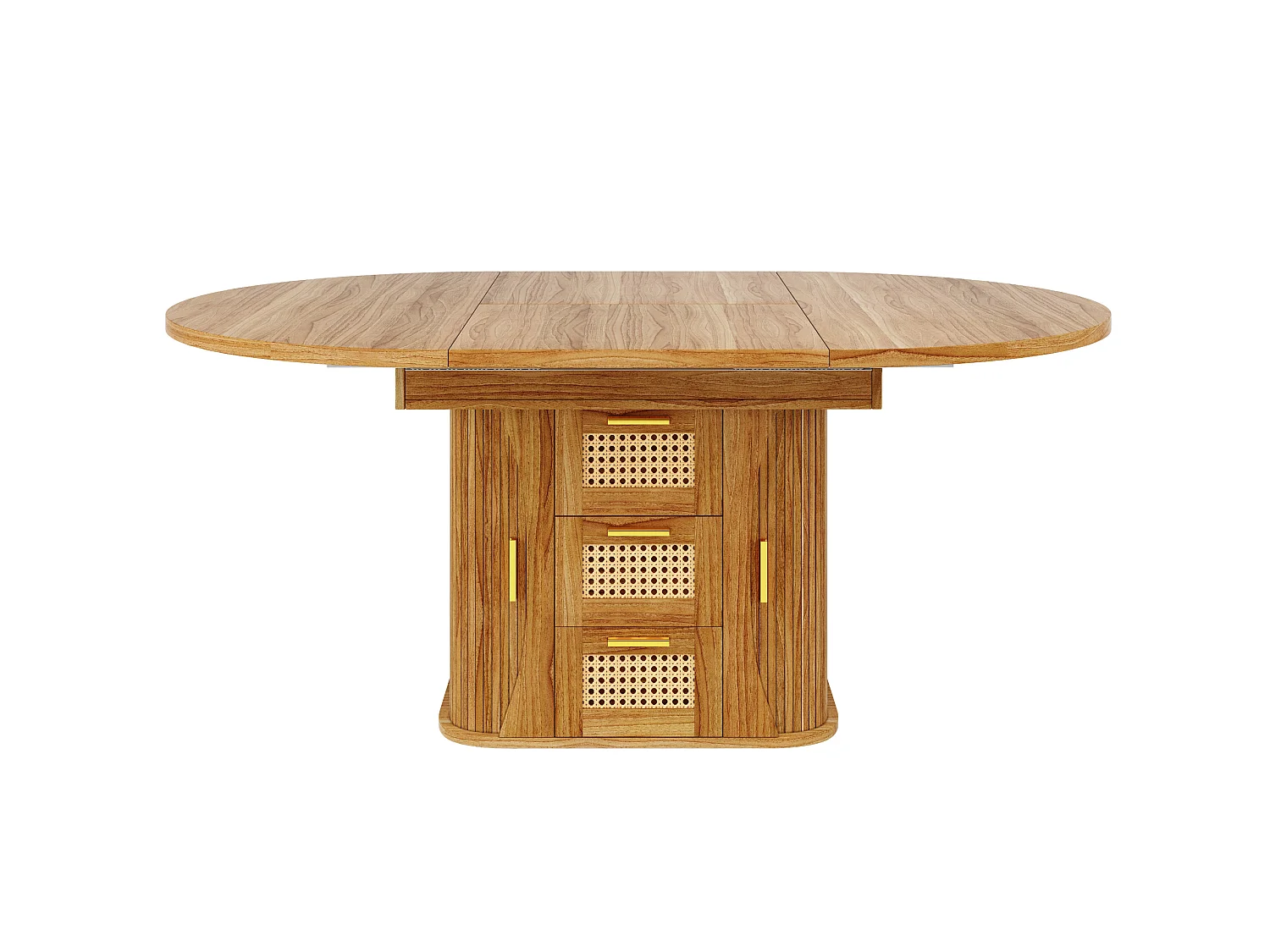 Table à manger extensible 118-158x118 cm avec 2 tiroirs effet rotin et portes - Naturel foncé