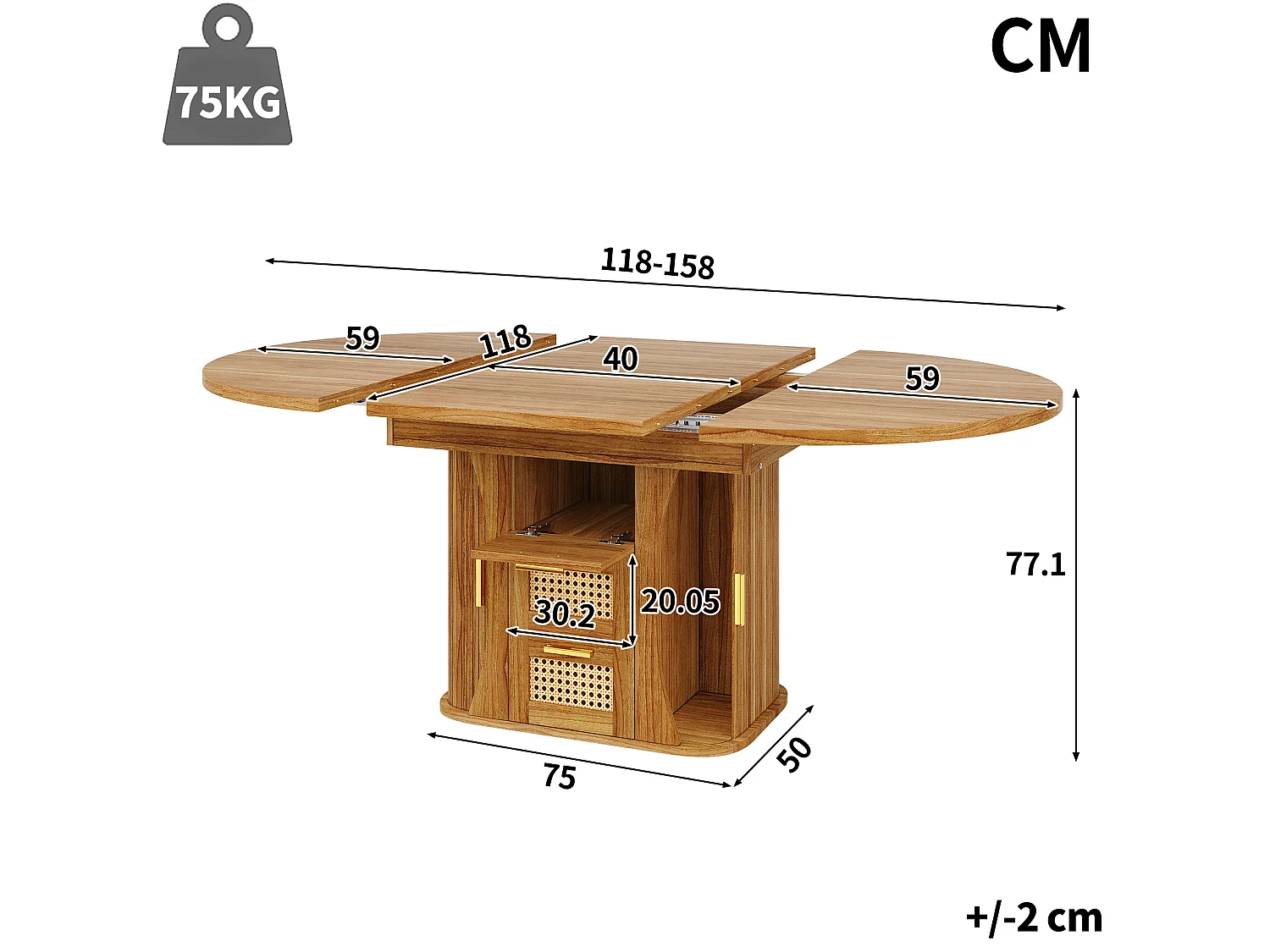 Table à manger extensible 118-158x118 cm avec 2 tiroirs effet rotin et portes - Naturel foncé