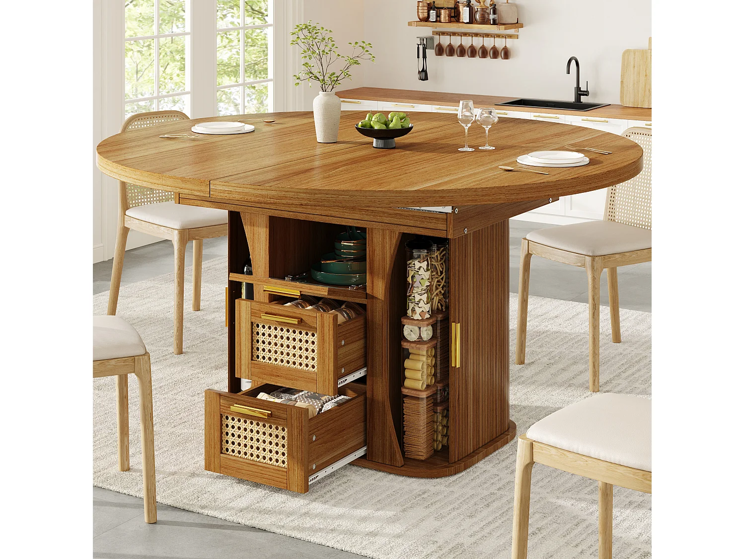 Table à manger extensible 118-158x118 cm avec 2 tiroirs effet rotin et portes - Naturel foncé