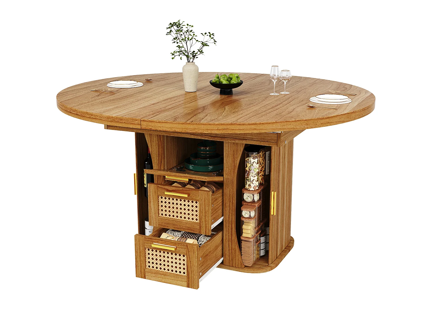 Table à manger extensible 118-158x118 cm avec 2 tiroirs effet rotin et portes - Naturel foncé