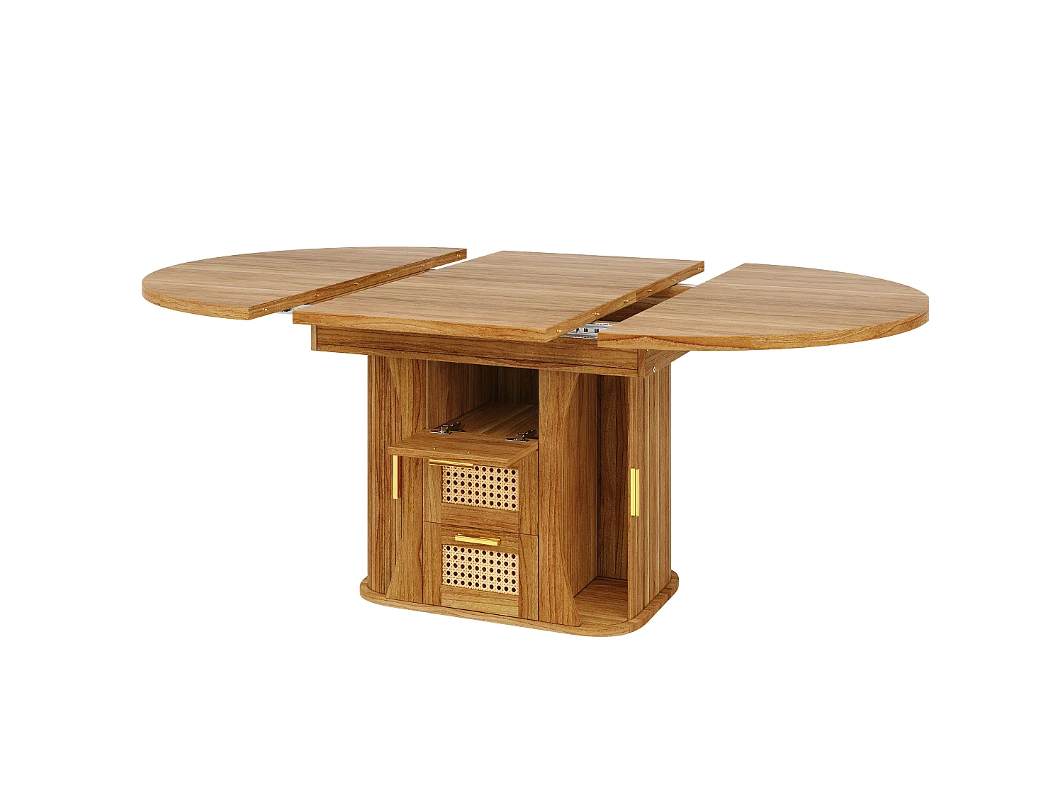Table à manger extensible 118-158x118 cm avec 2 tiroirs effet rotin et portes - Naturel foncé