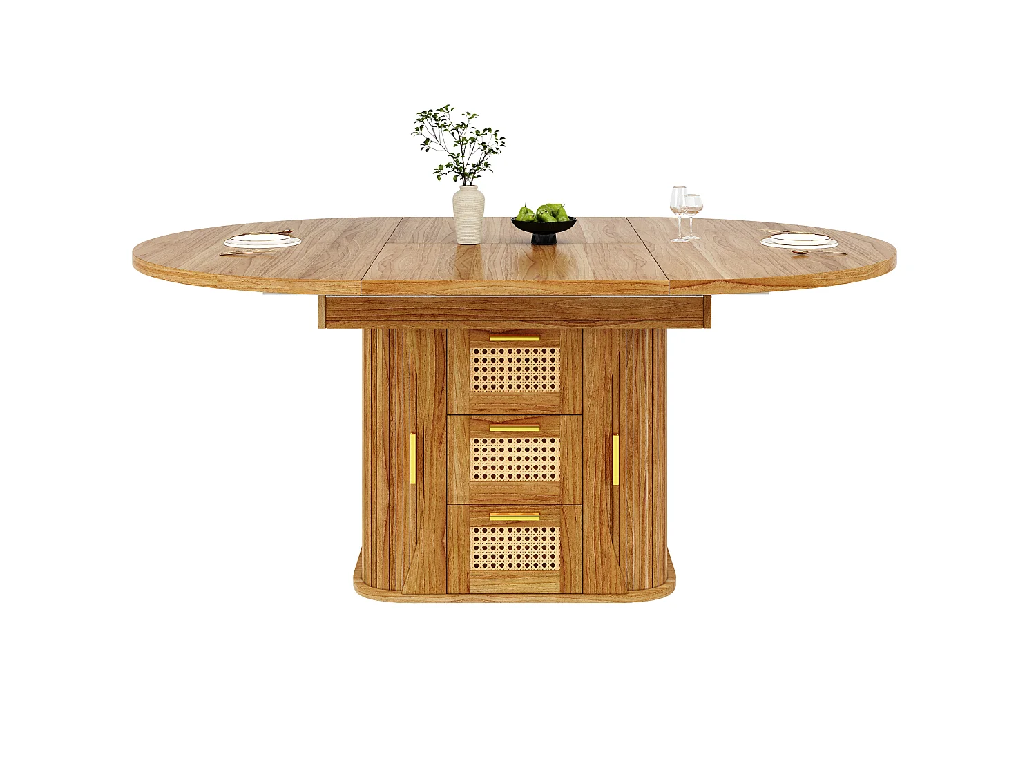Table à manger extensible 118-158x118 cm avec 2 tiroirs effet rotin et portes - Naturel foncé