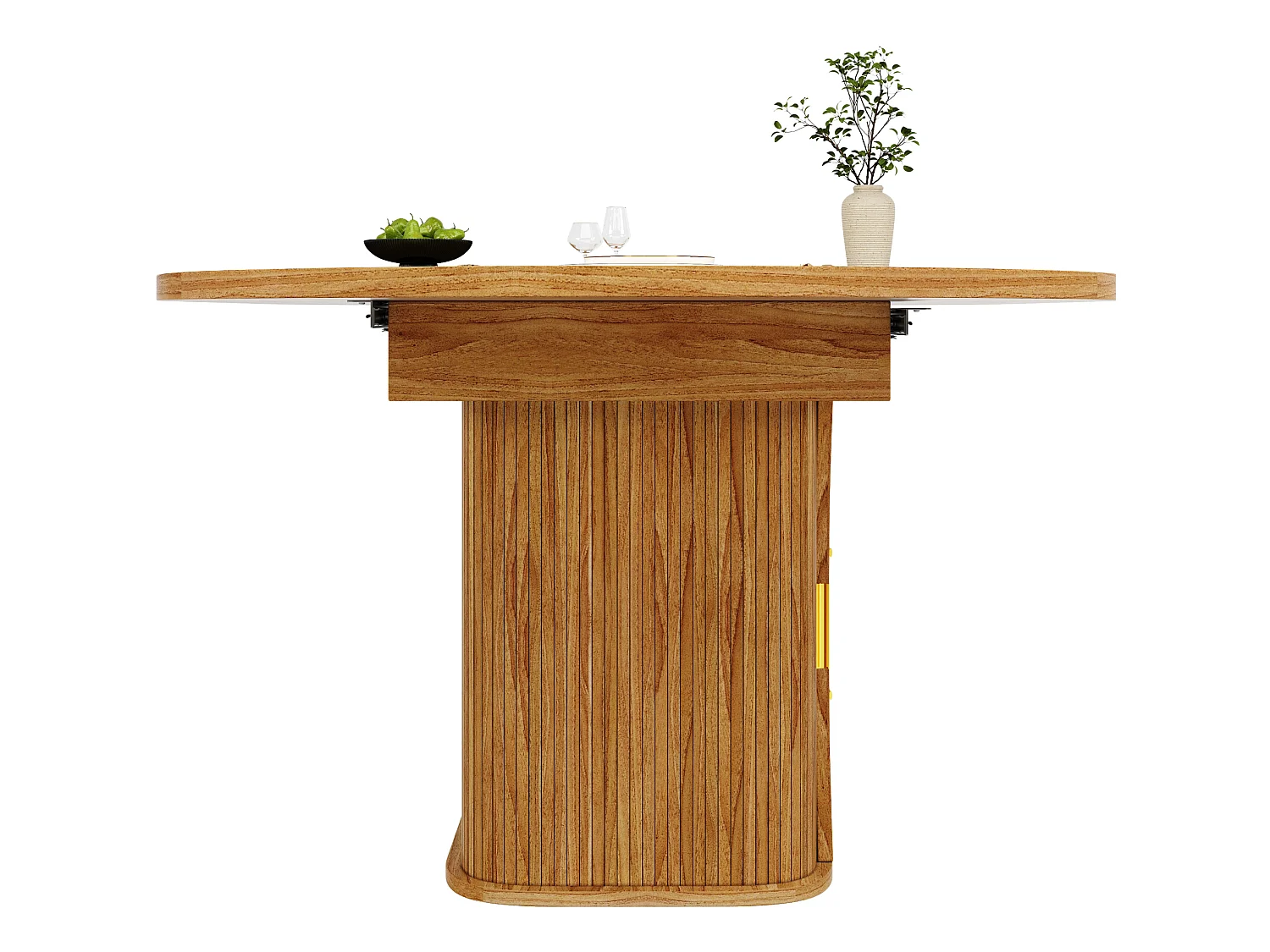 Table à manger extensible 118-158x118 cm avec 2 tiroirs effet rotin et portes - Naturel foncé