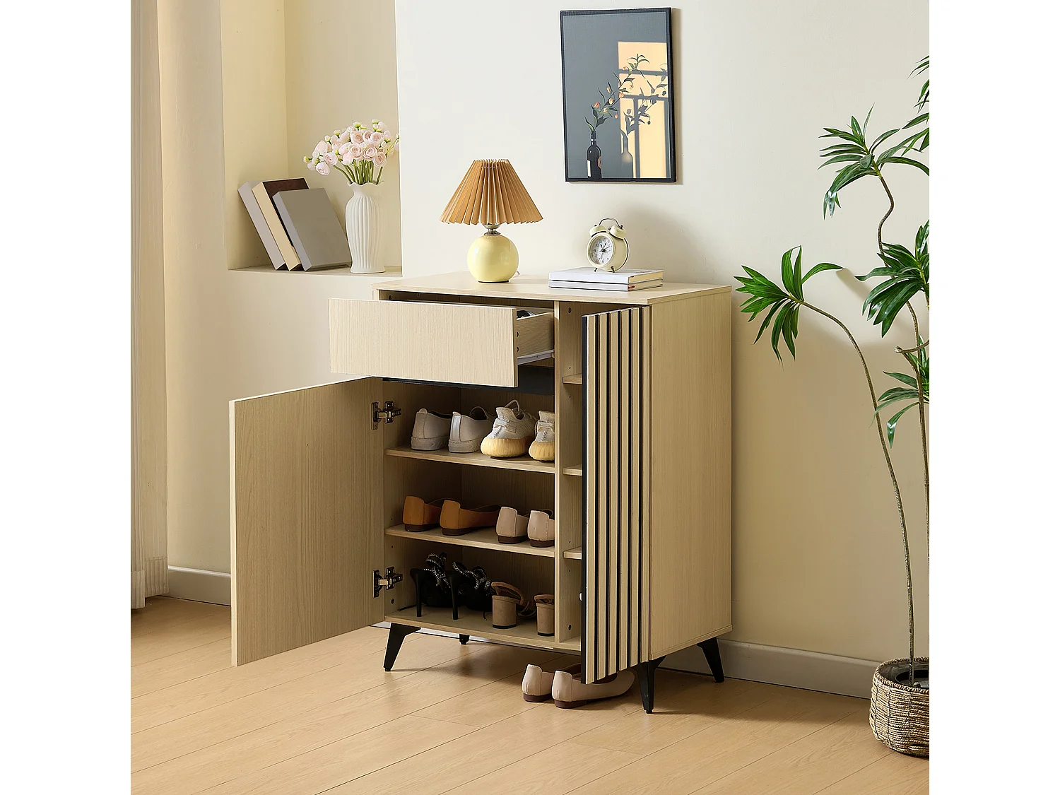 Schoenenkast 75x35x90 cm met 2 deuren en lade - Licht naturel