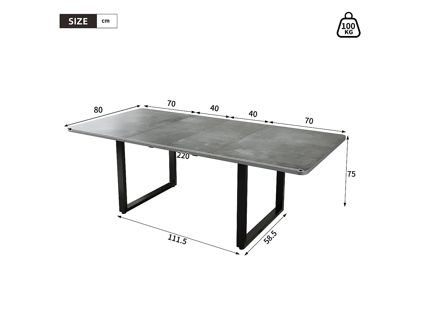 Tavolo da pranzo allungabile 140/180/220x80 cm per 6-10 persone - Grigio