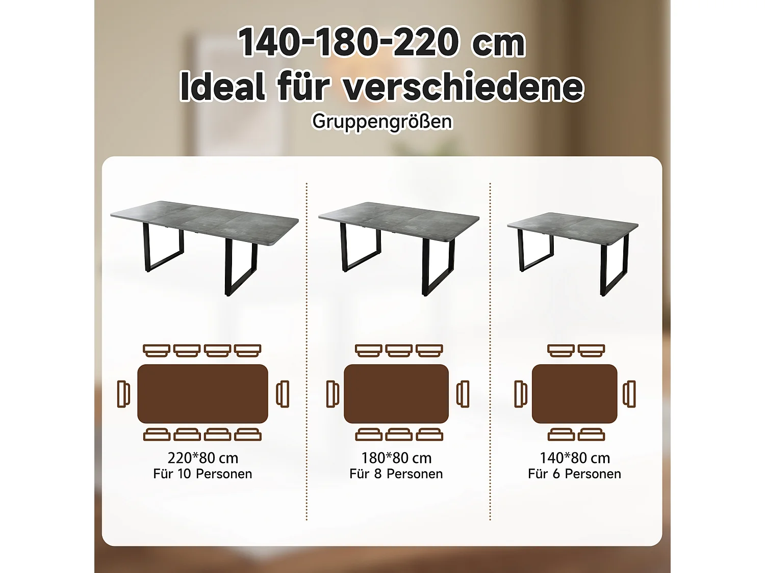 Tavolo da pranzo allungabile 140/180/220x80 cm per 6-10 persone - Grigio