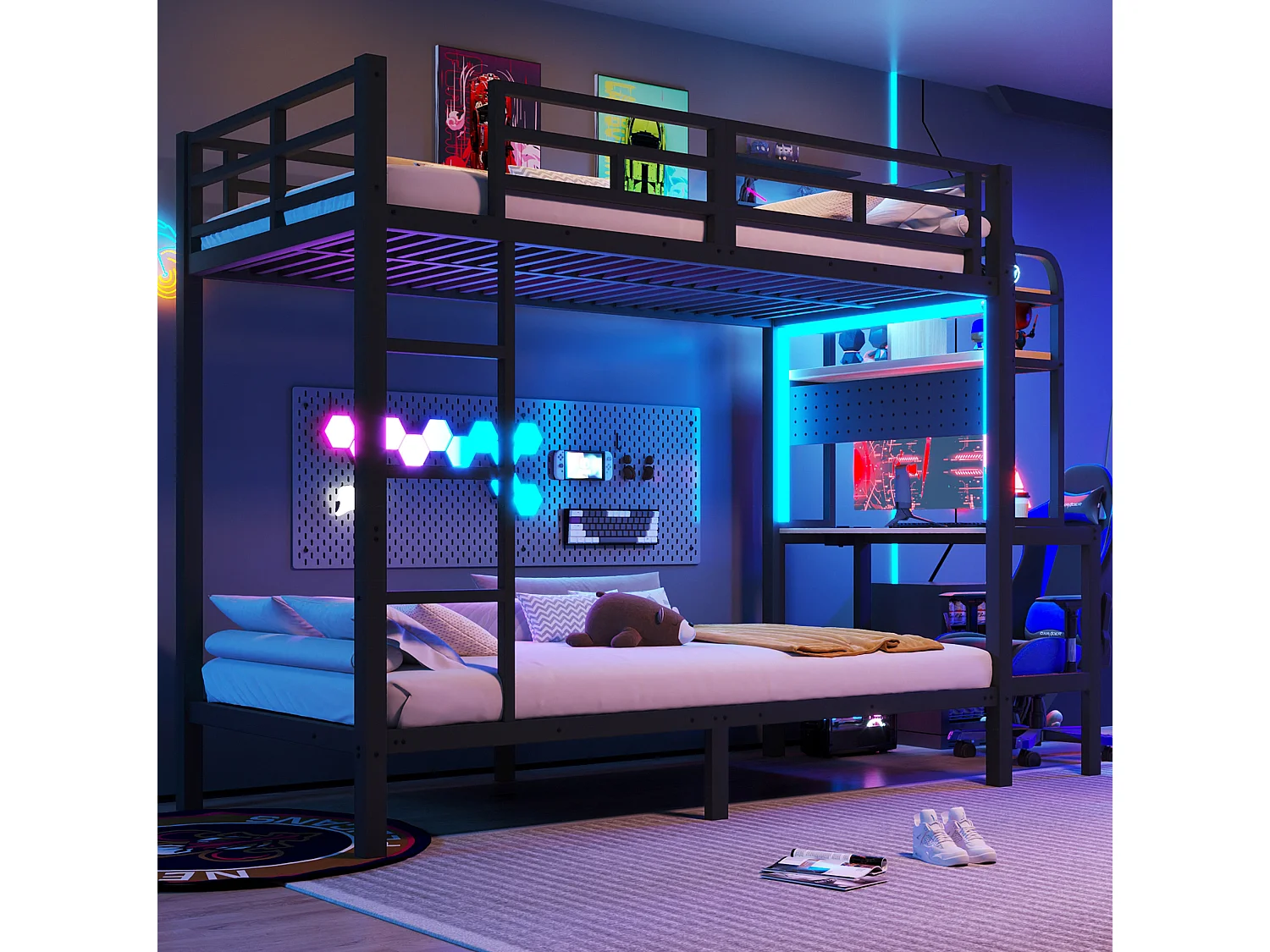 Lit superposé enfant 90x200 cm avec bureau, LED et USB - Noir - Métal et bois
