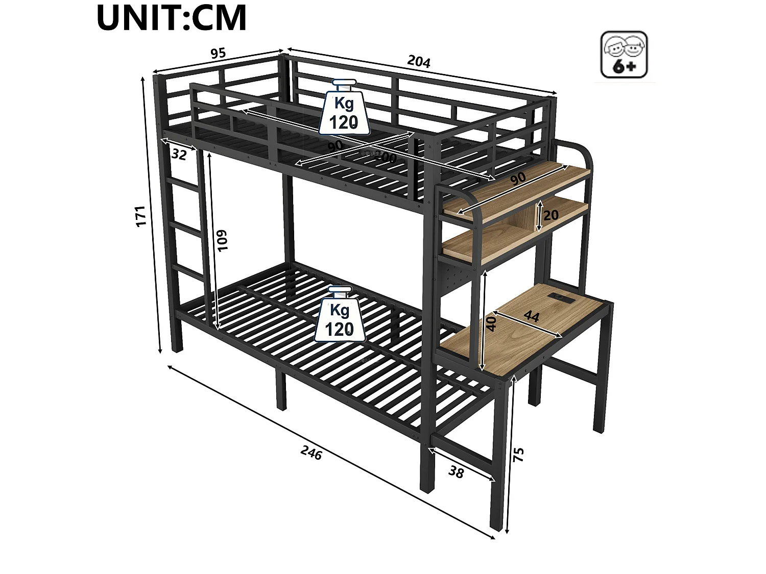 Lit superposé enfant 90x200 cm avec bureau, LED et USB - Noir - Métal et bois