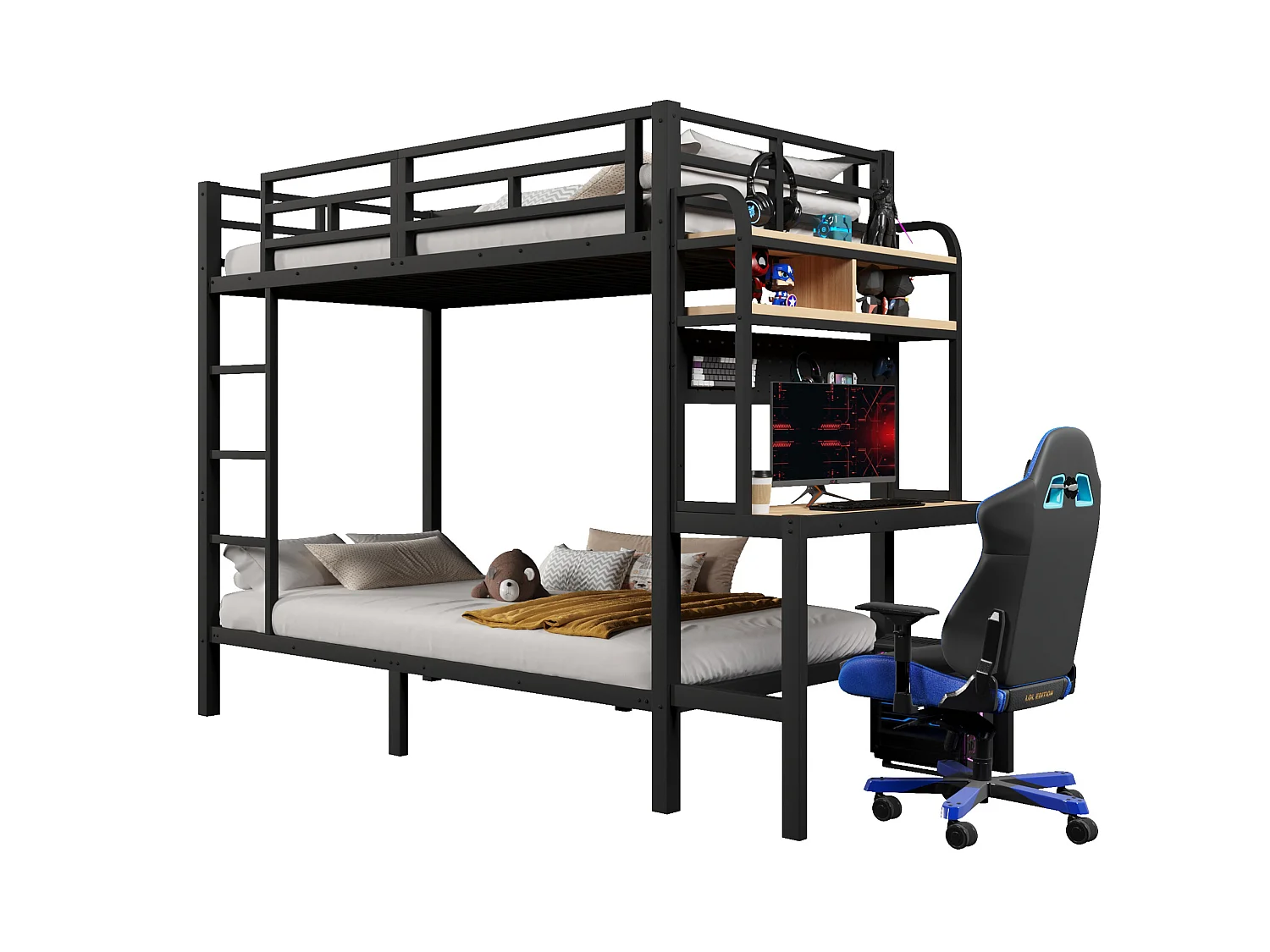 Lit superposé enfant 90x200 cm avec bureau, LED et USB - Noir - Métal et bois