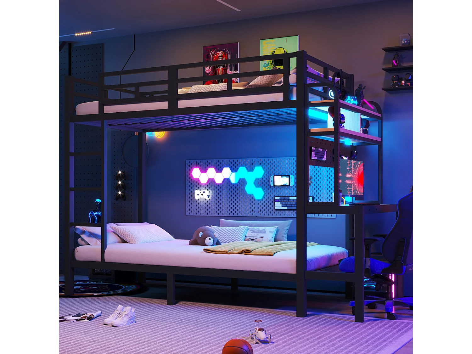 Lit superposé enfant 90x200 cm avec bureau, LED et USB - Noir - Métal et bois