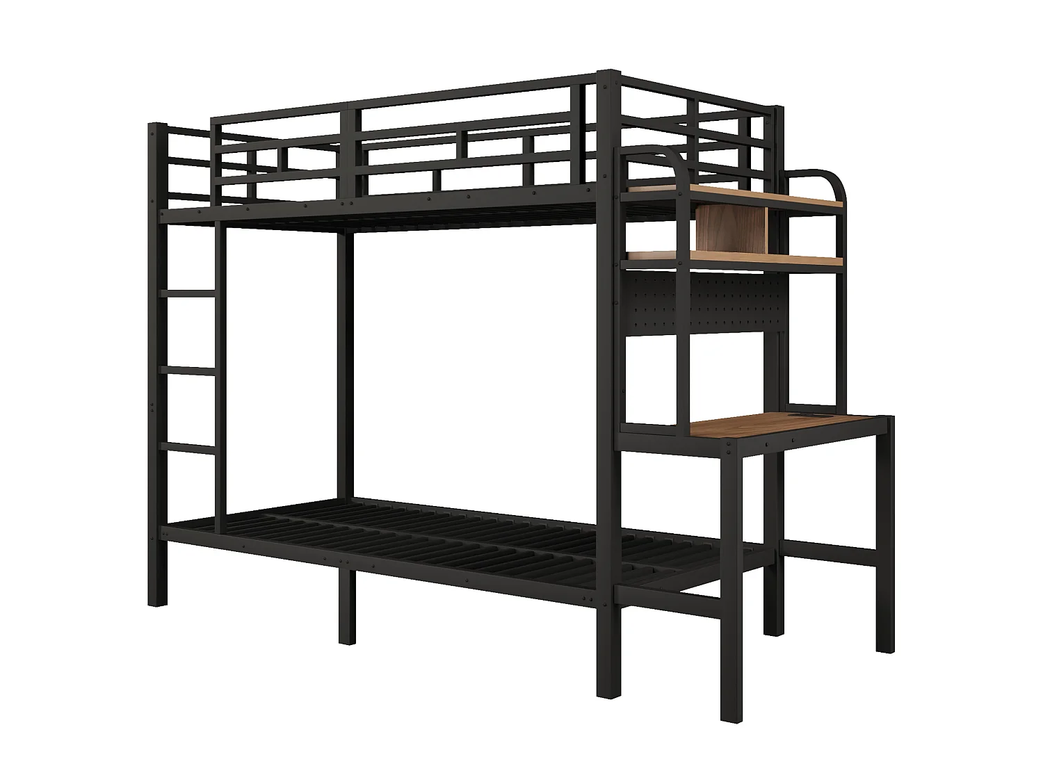 Lit superposé enfant 90x200 cm avec bureau, LED et USB - Noir - Métal et bois