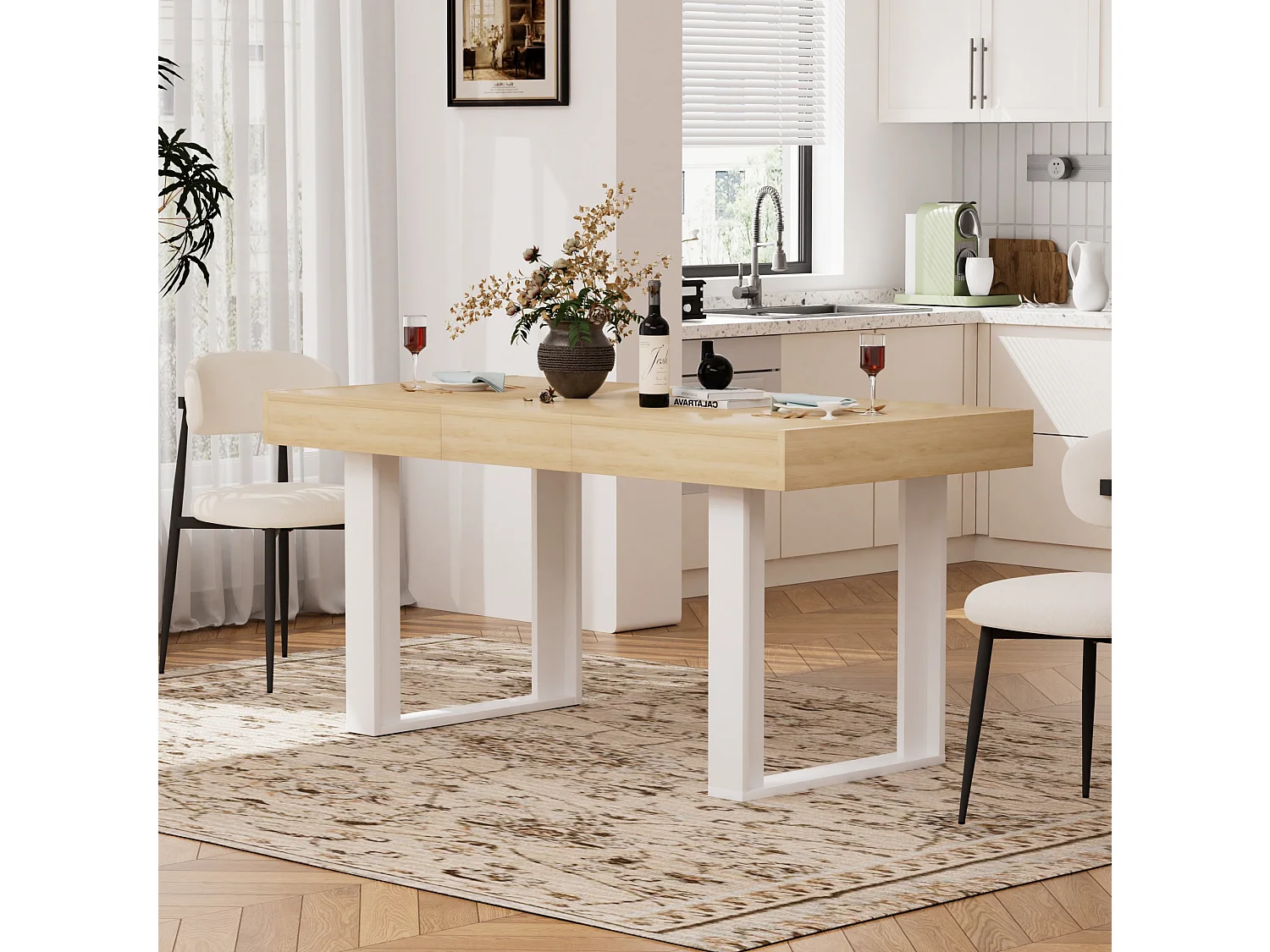 Tavolo da pranzo allungabile in stile retrò 120-160x75 cm - Naturale e bianco