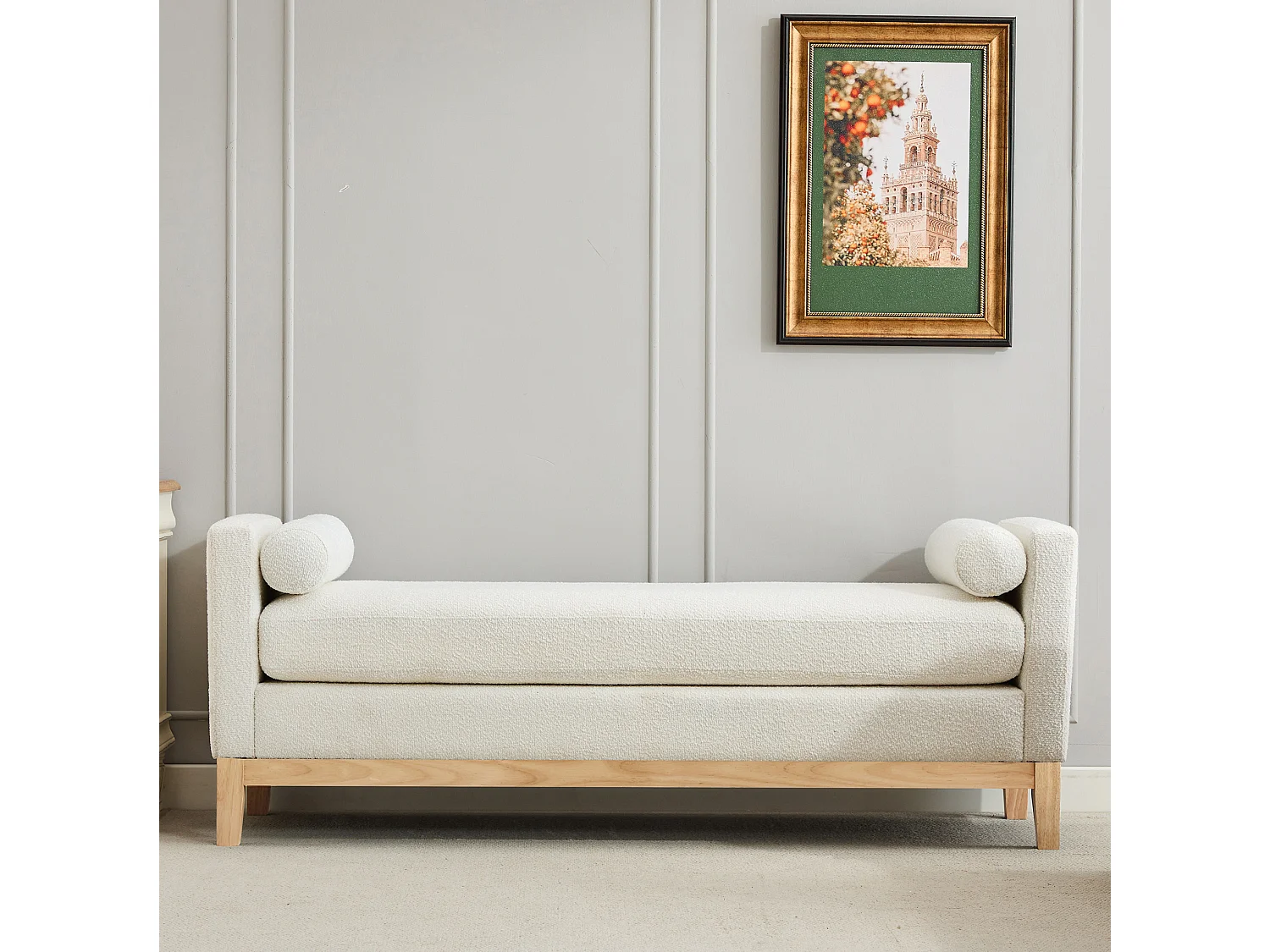 Banc d'entrée en bois et tissu avec 2 coussins - Ivoire 149x50x63.5 cm