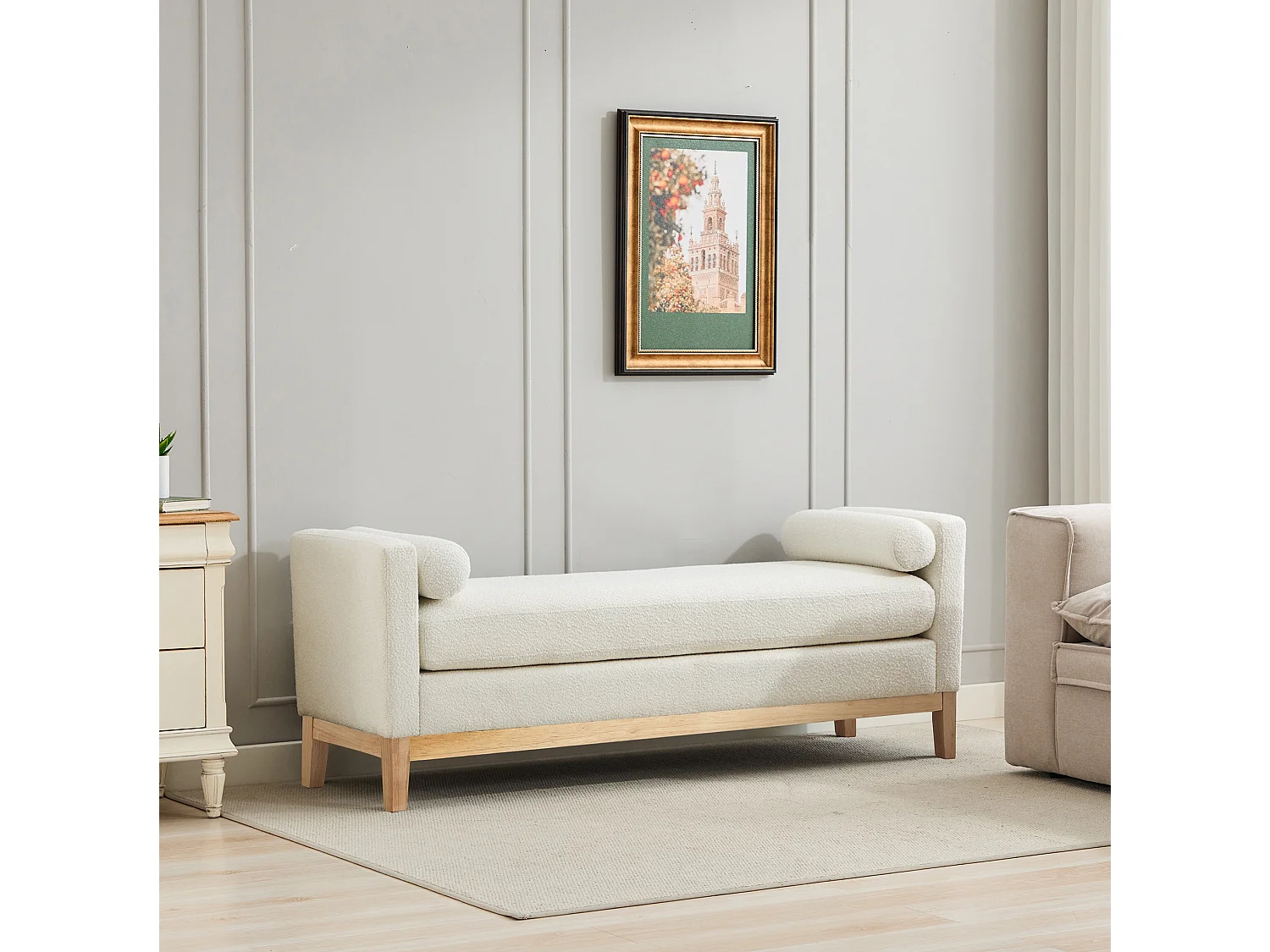 Banc d'entrée en bois et tissu avec 2 coussins - Ivoire 149x50x63.5 cm