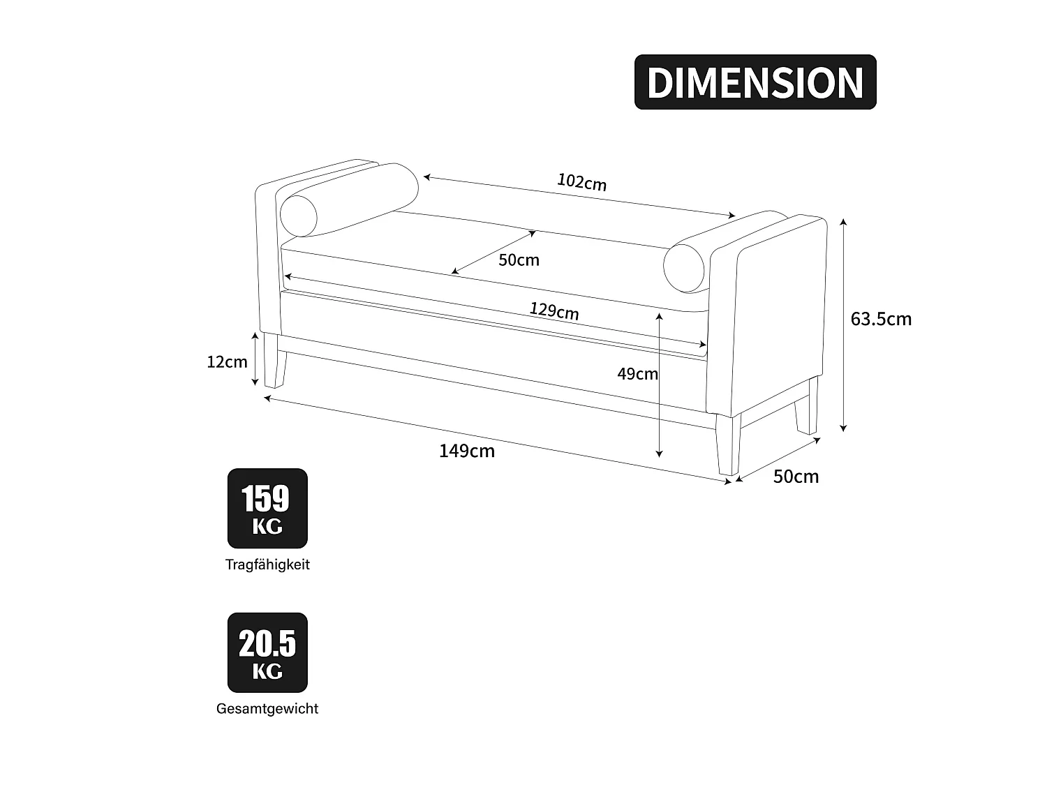 Banc d'entrée en bois et tissu avec 2 coussins - Ivoire 149x50x63.5 cm