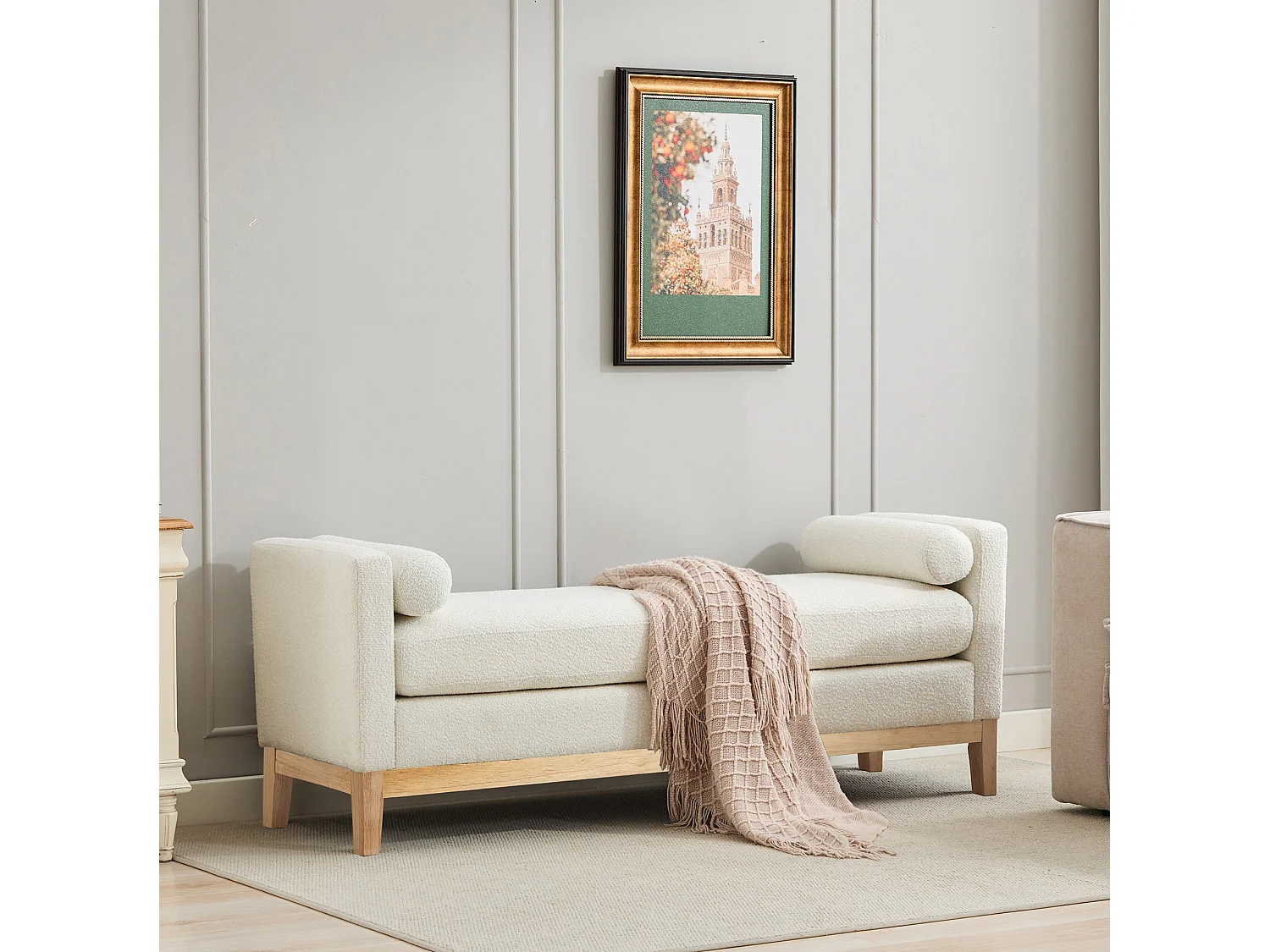 Banc d'entrée en bois et tissu avec 2 coussins - Ivoire 149x50x63.5 cm