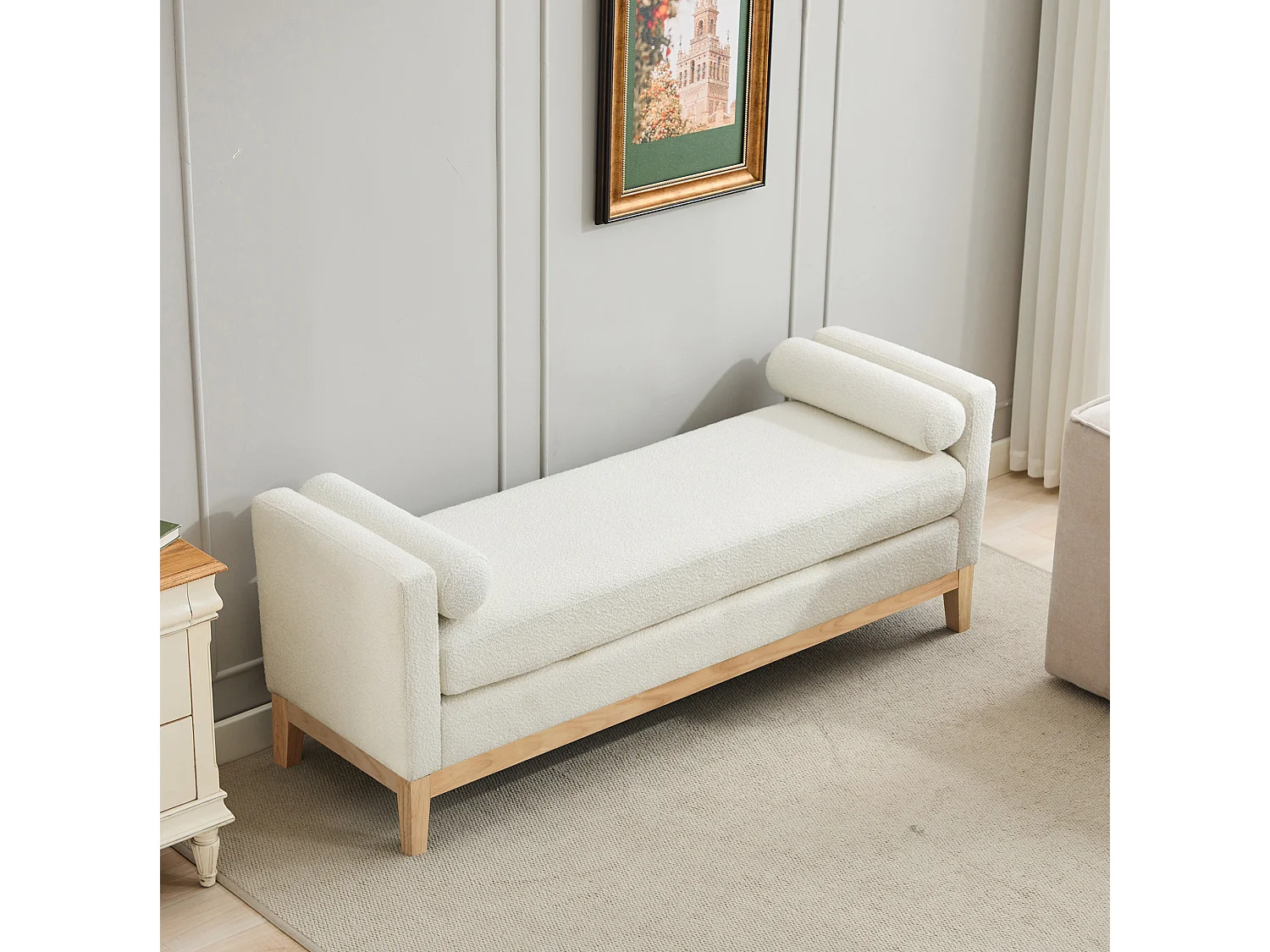 Banc d'entrée en bois et tissu avec 2 coussins - Ivoire 149x50x63.5 cm