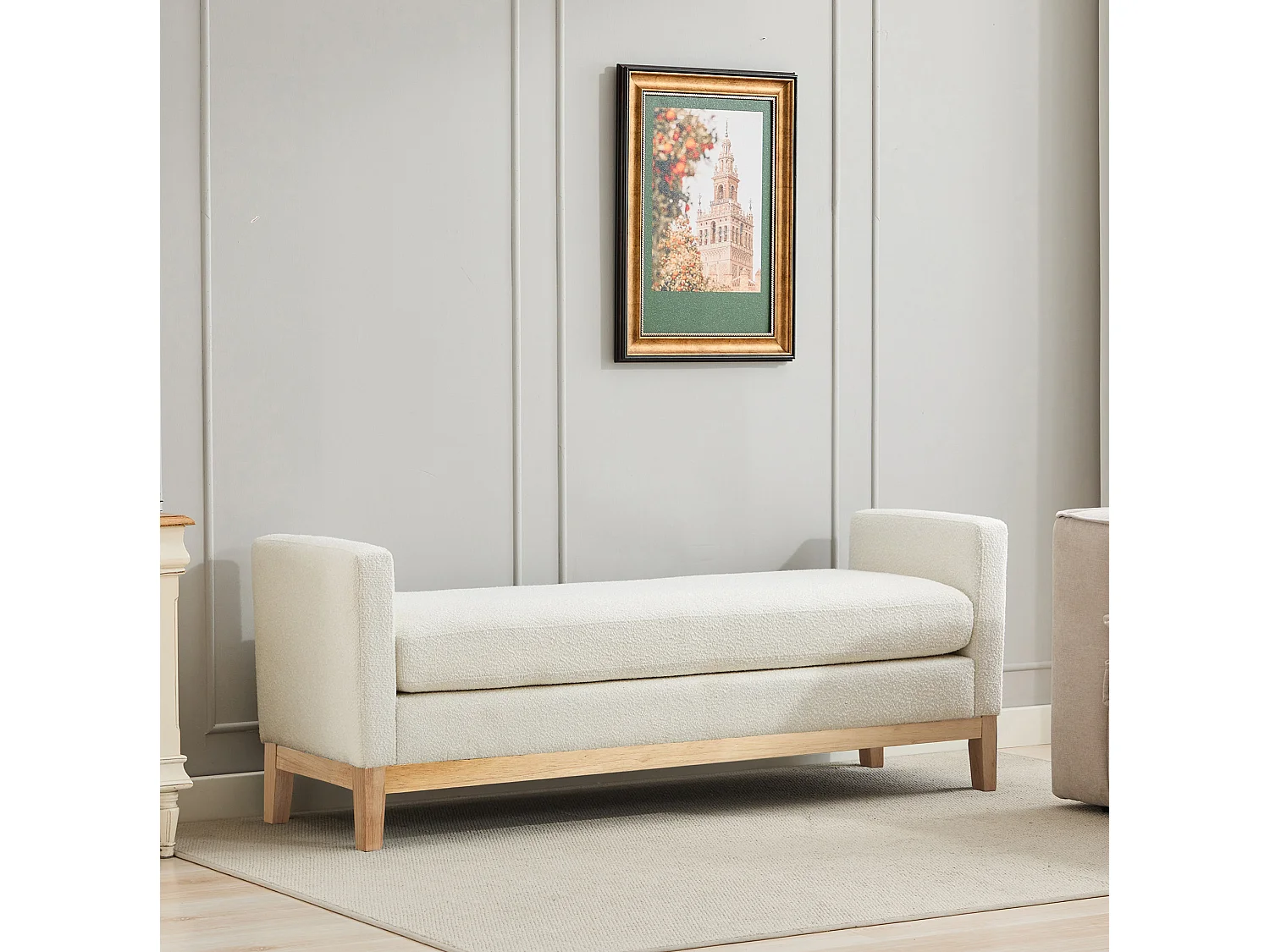 Banc d'entrée en bois et tissu avec 2 coussins - Ivoire 149x50x63.5 cm