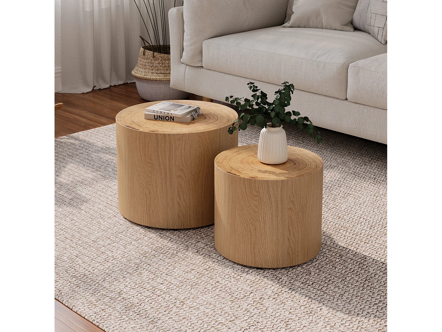 Lot de 2 tables basses gigognes rondes 48 cm et 38 cm - Couleur bois