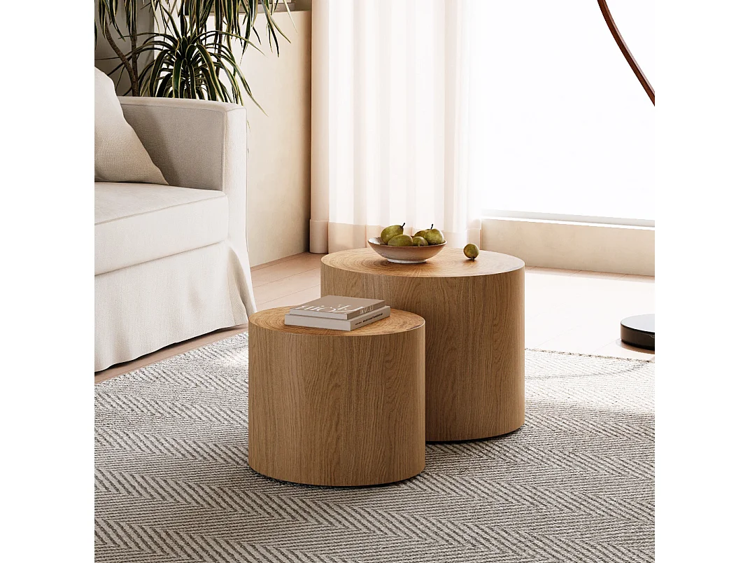 Lot de 2 tables basses gigognes rondes 48 cm et 38 cm - Couleur bois
