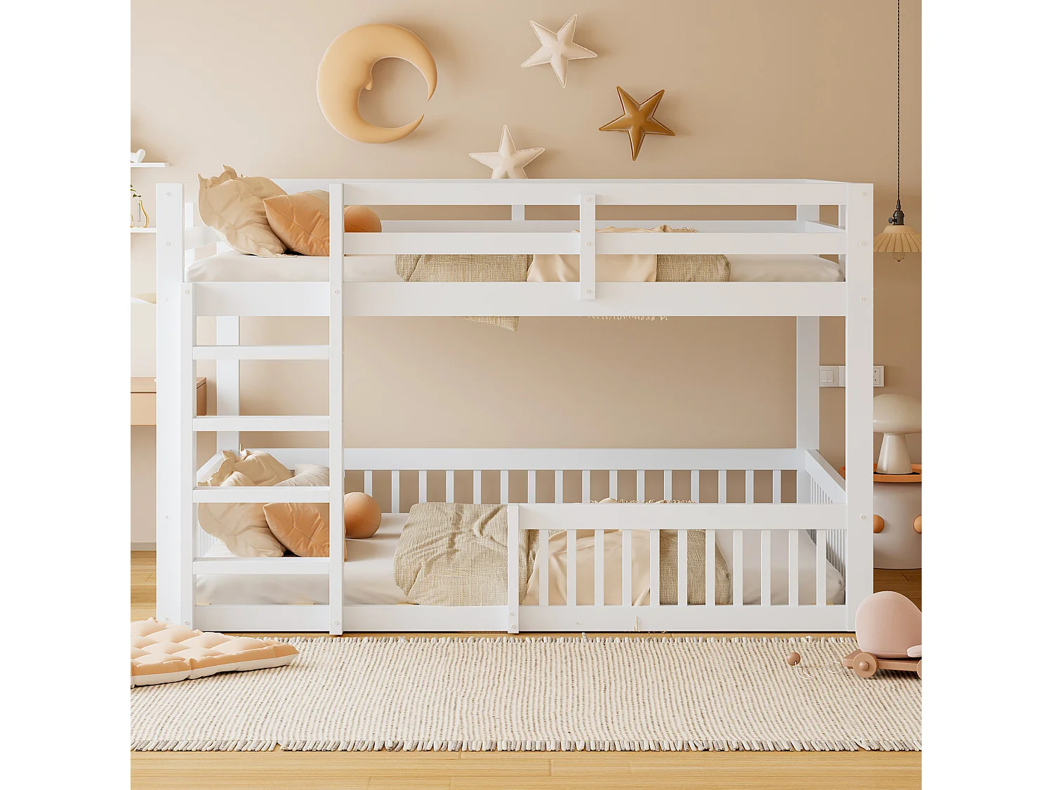 Lit superposé enfant 160x200 cm avec échelle et sommier à lattes - Bois en pin et MDF - Blanc