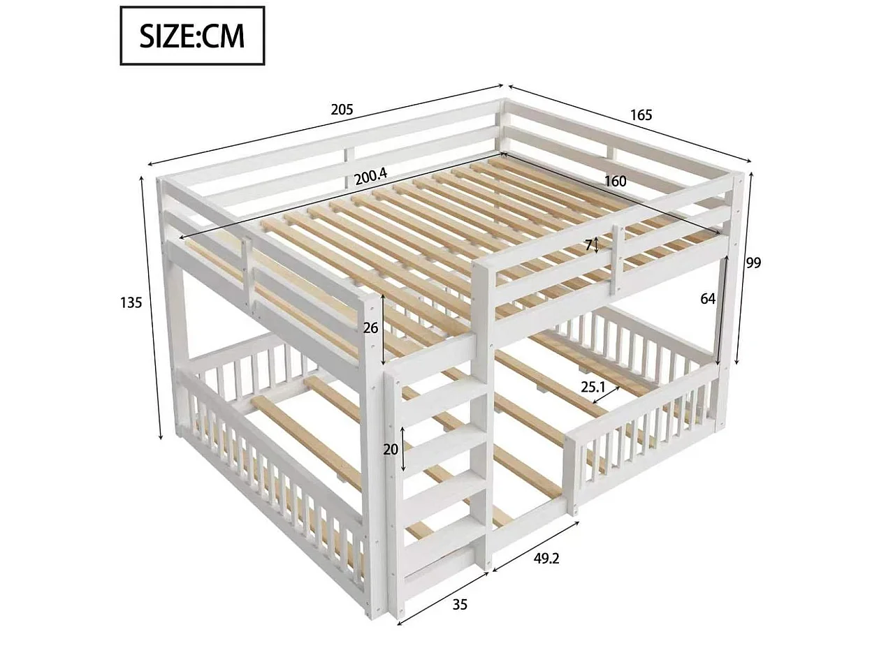 Lit superposé enfant 160x200 cm avec échelle et sommier à lattes - Bois en pin et MDF - Blanc