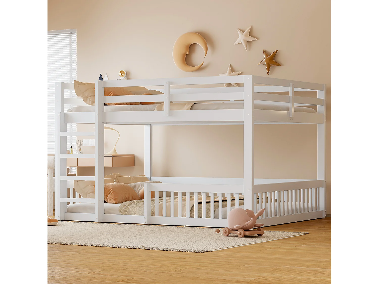Lit superposé enfant 160x200 cm avec échelle et sommier à lattes - Bois en pin et MDF - Blanc