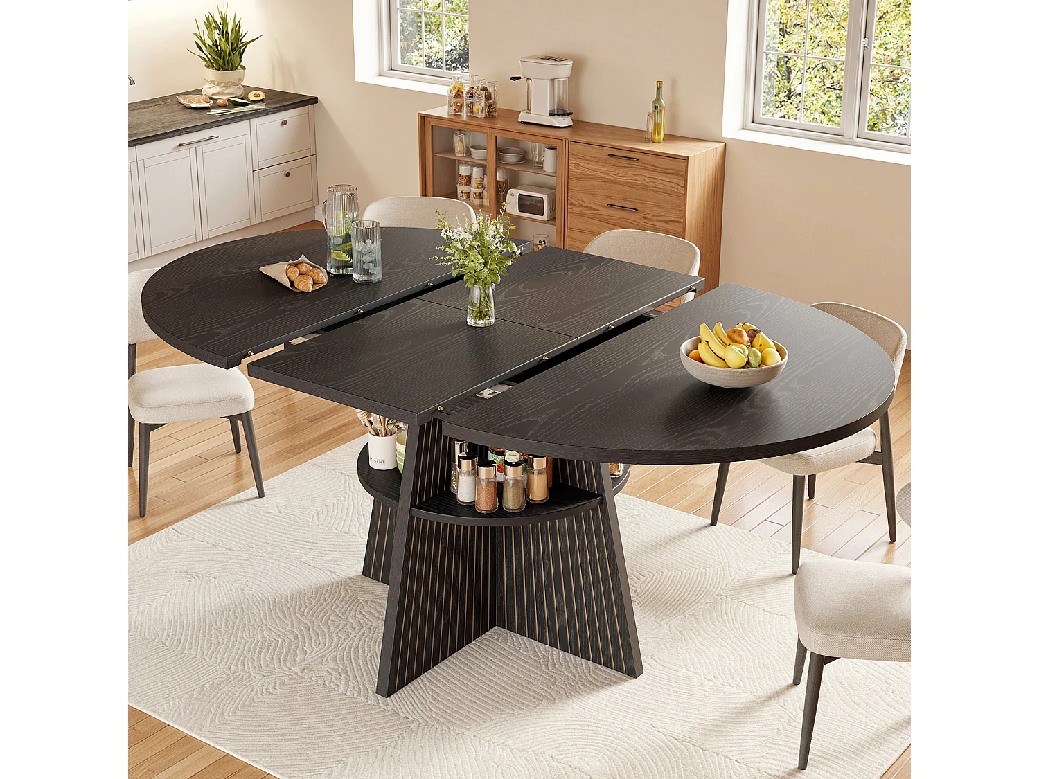 Tavolo da pranzo allungabile 110-150 x 110 cm - Nero con ripiani