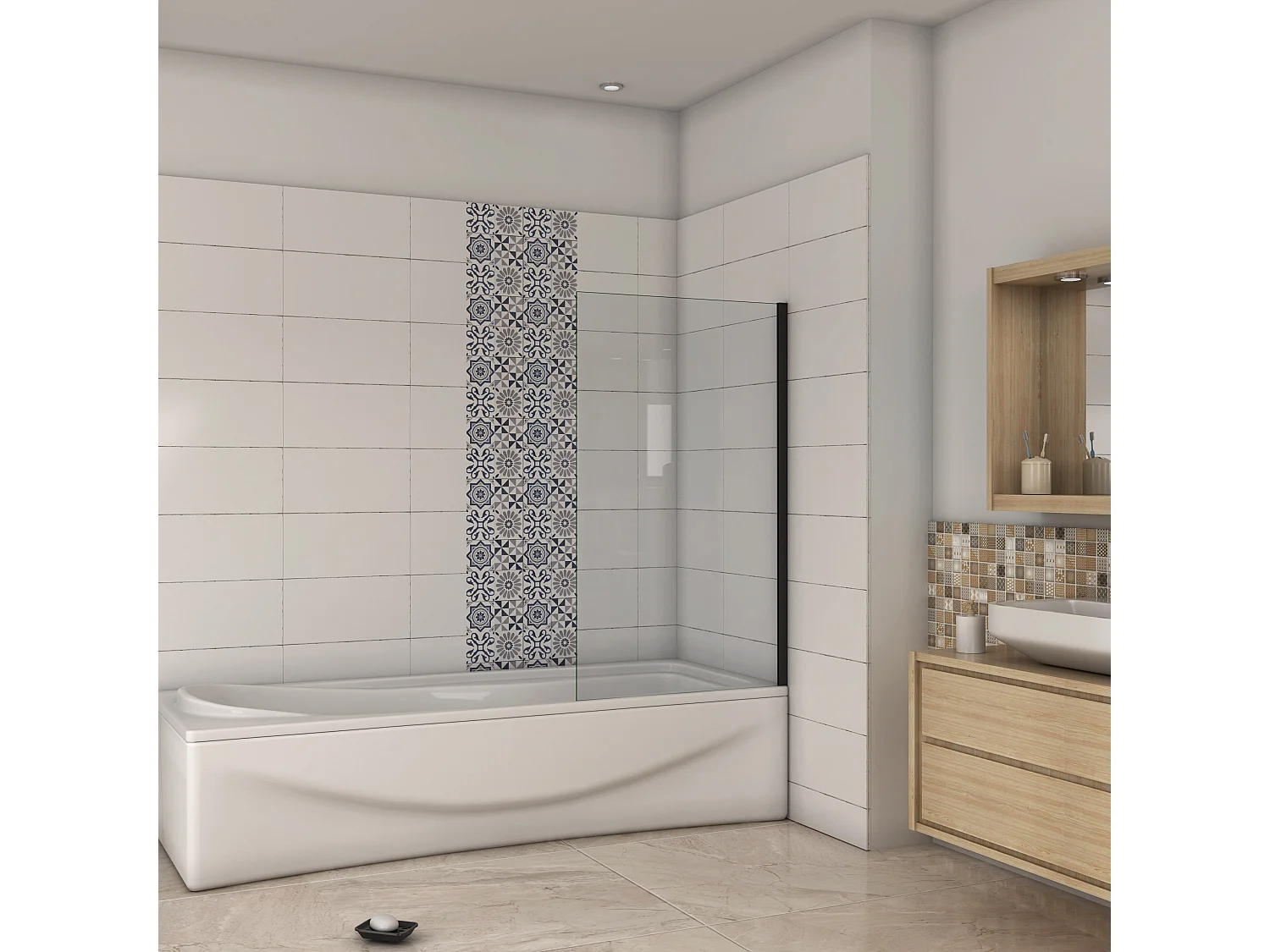 Parete Doccia Per Vasca 70x130 cm Sopravasca Walk in Vetro Temperato 5 mm Trasparente Anticalcare Barra Stabilizzatrice 45 cm Nero Opaco