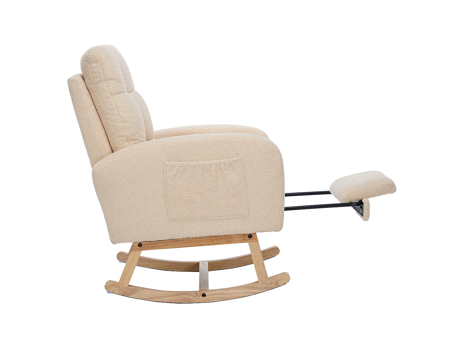 Fauteuil à bascule beige en peluche, avec repose-pieds escamotable, poche de rangement, bois