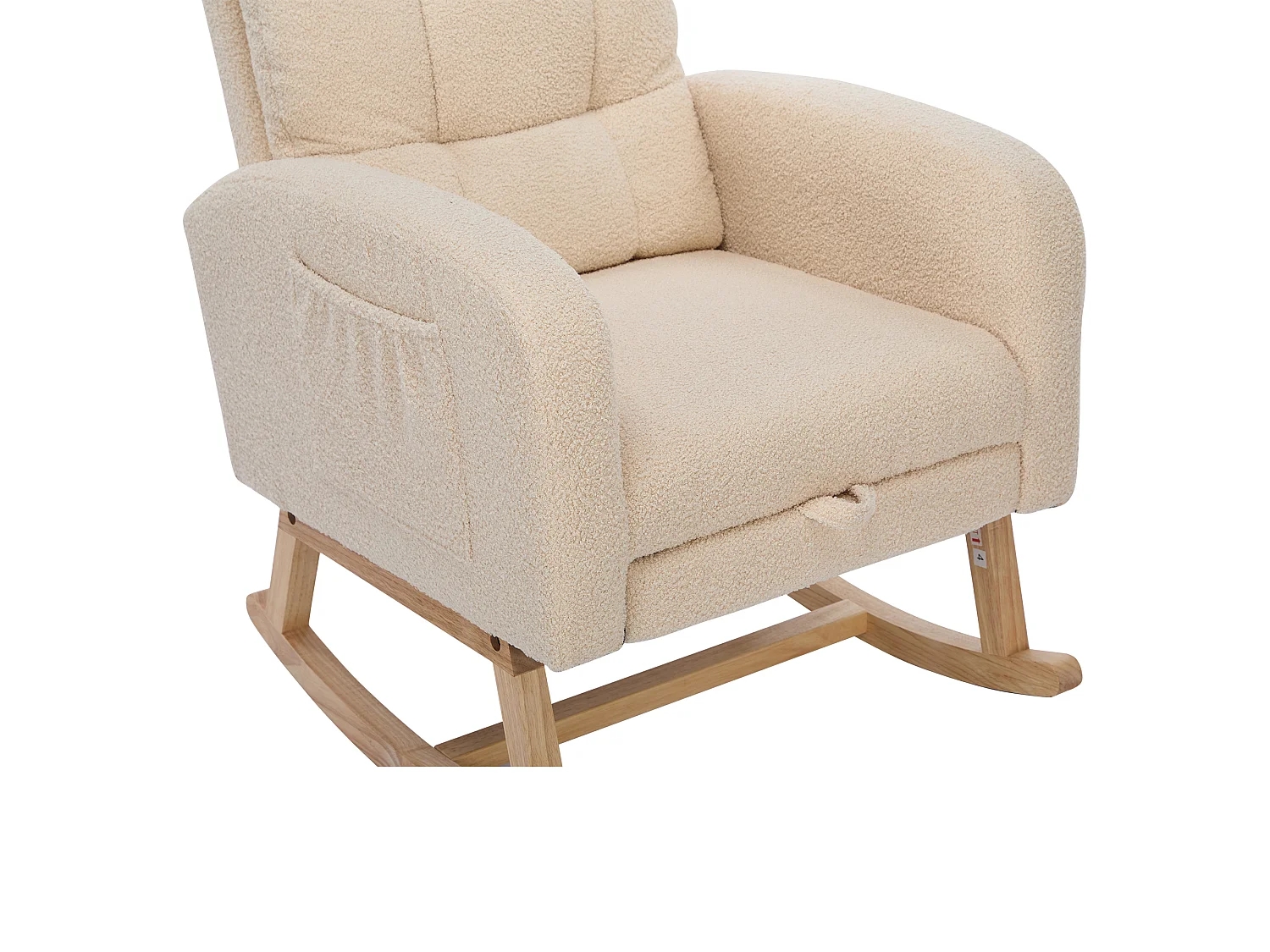 Fauteuil à bascule beige en peluche, avec repose-pieds escamotable, poche de rangement, bois
