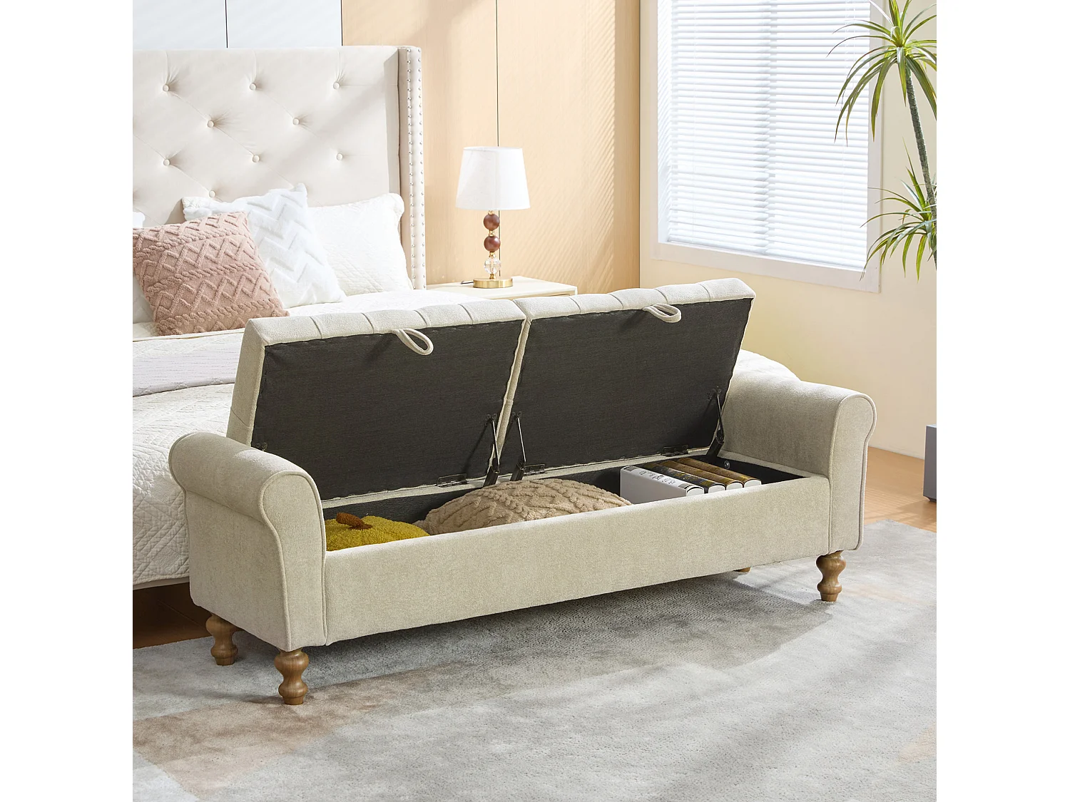 Bout de lit 156x46x51 cm chenille avec rangement - Pieds en bois - Greige