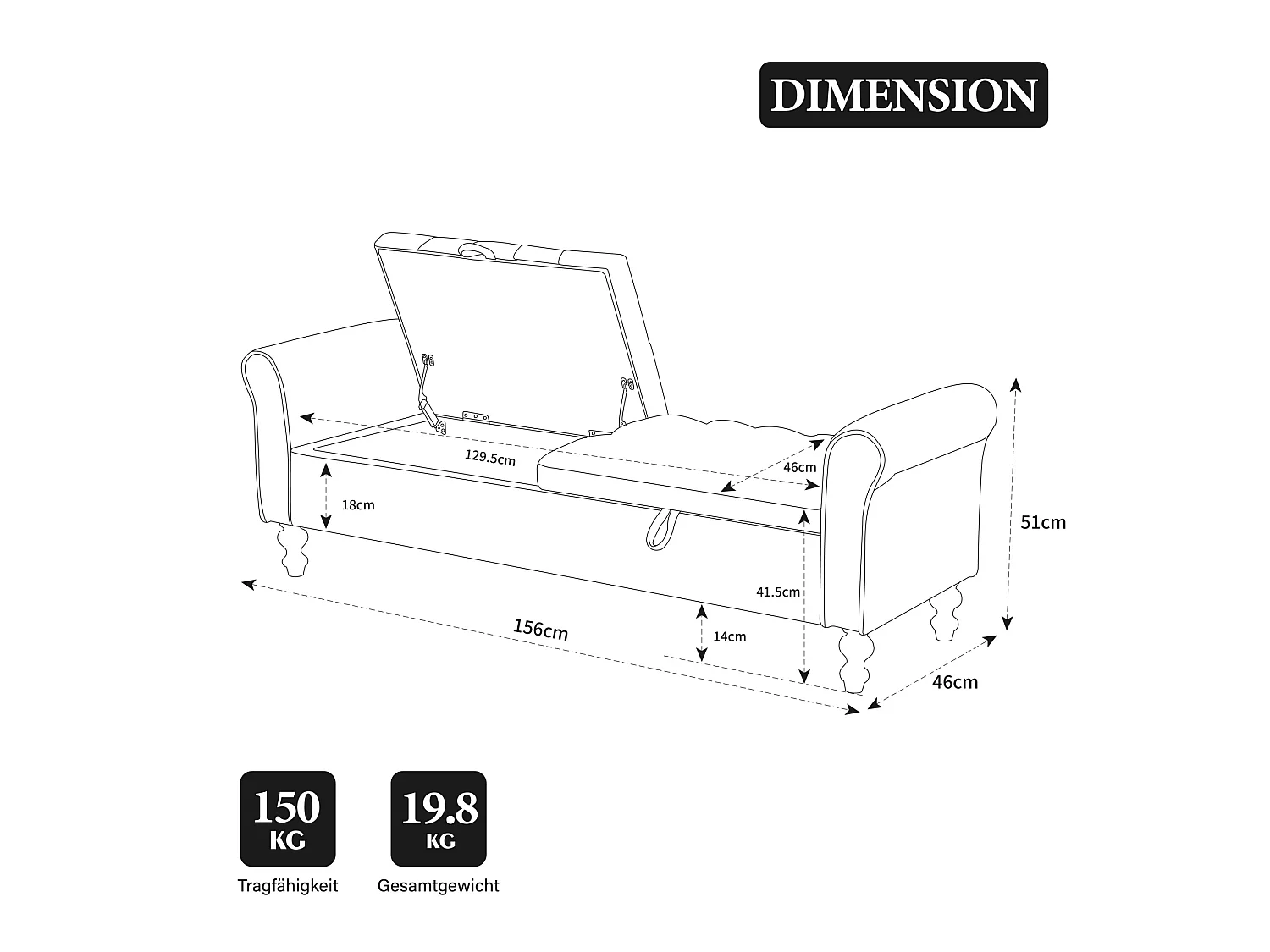 Bout de lit 156x46x51 cm chenille avec rangement - Pieds en bois - Greige