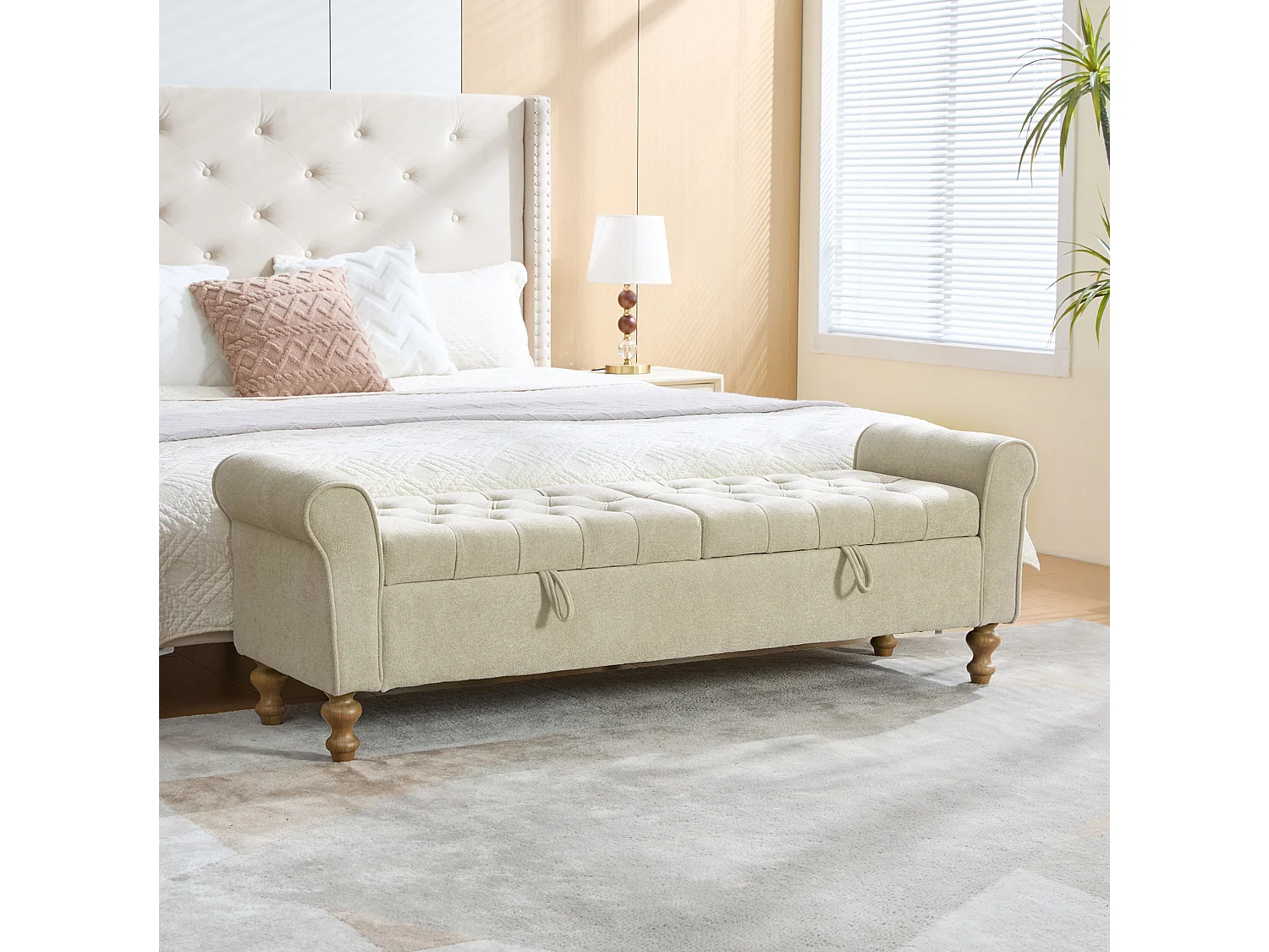Bout de lit 156x46x51 cm chenille avec rangement - Pieds en bois - Greige