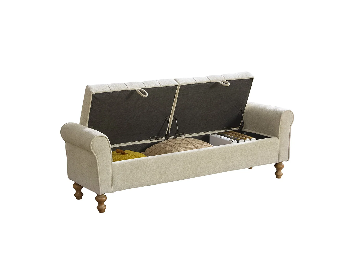 Bout de lit 156x46x51 cm chenille avec rangement - Pieds en bois - Greige