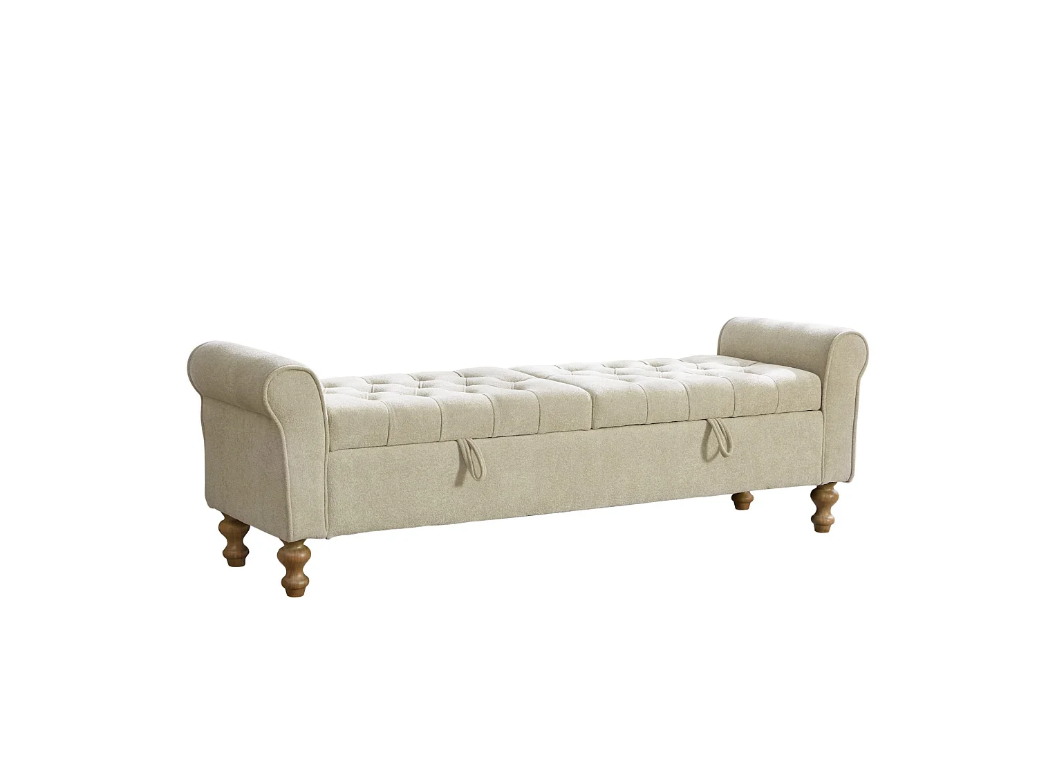 Bout de lit 156x46x51 cm chenille avec rangement - Pieds en bois - Greige