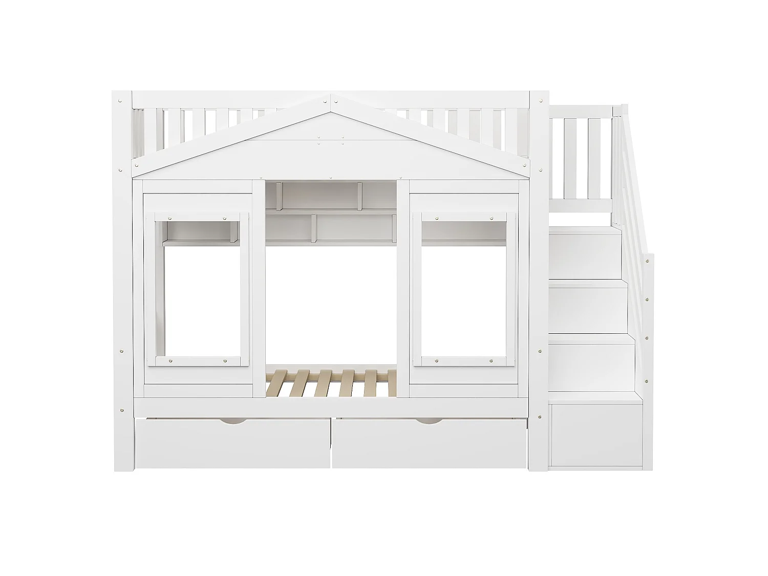 Lit superposé enfant 90x200 cm blanc avec étagères et 2 tiroirs - Pin et MDF
