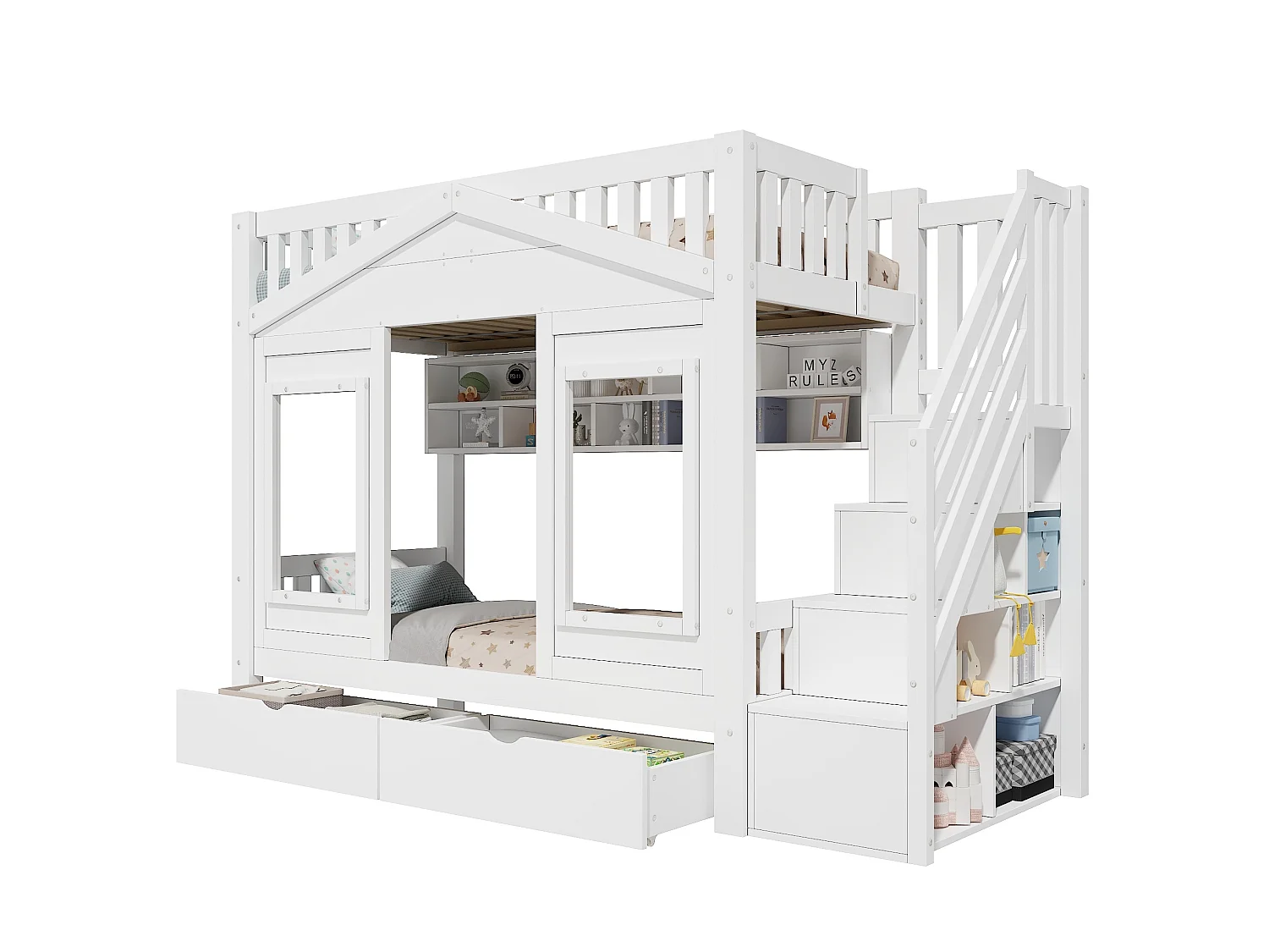 Lit superposé enfant 90x200 cm blanc avec étagères et 2 tiroirs - Pin et MDF
