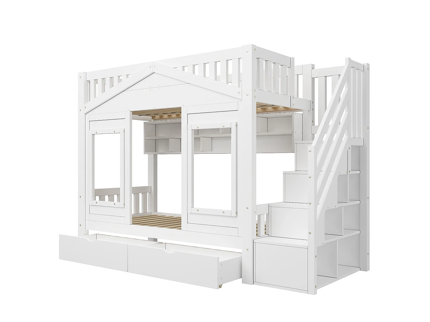 Lit superposé enfant 90x200 cm blanc avec étagères et 2 tiroirs - Pin et MDF