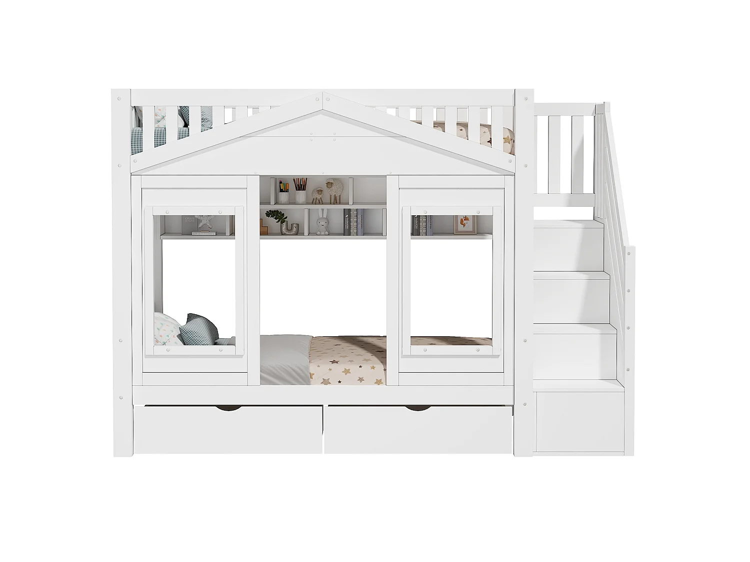 Lit superposé enfant 90x200 cm blanc avec étagères et 2 tiroirs - Pin et MDF