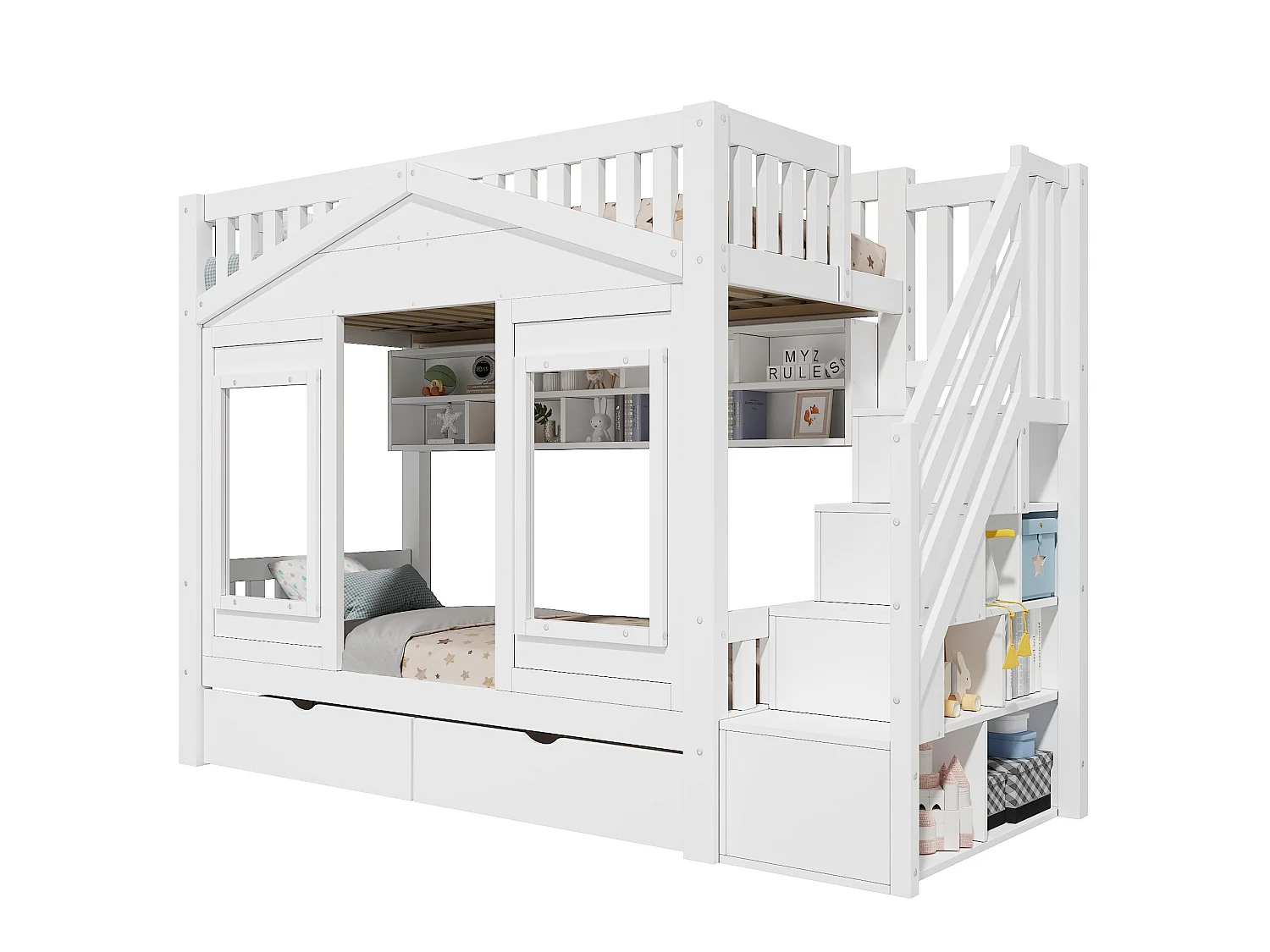 Lit superposé enfant 90x200 cm blanc avec étagères et 2 tiroirs - Pin et MDF