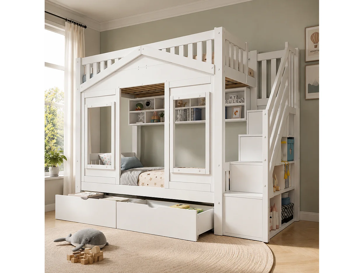 Lit superposé enfant 90x200 cm blanc avec étagères et 2 tiroirs - Pin et MDF