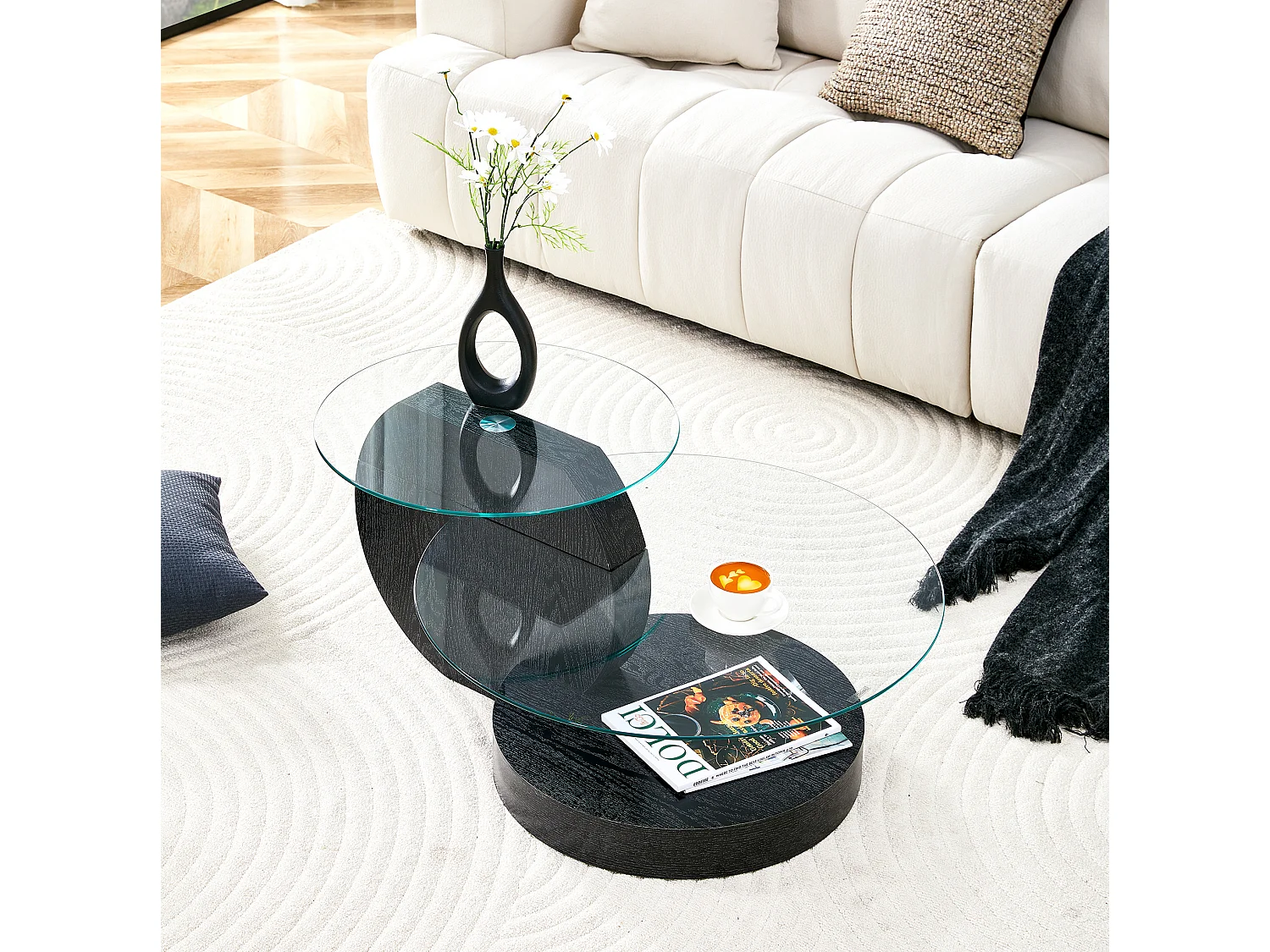 Mesa de centro minimalista de cristal de 2 niveles - Acabado madera negro