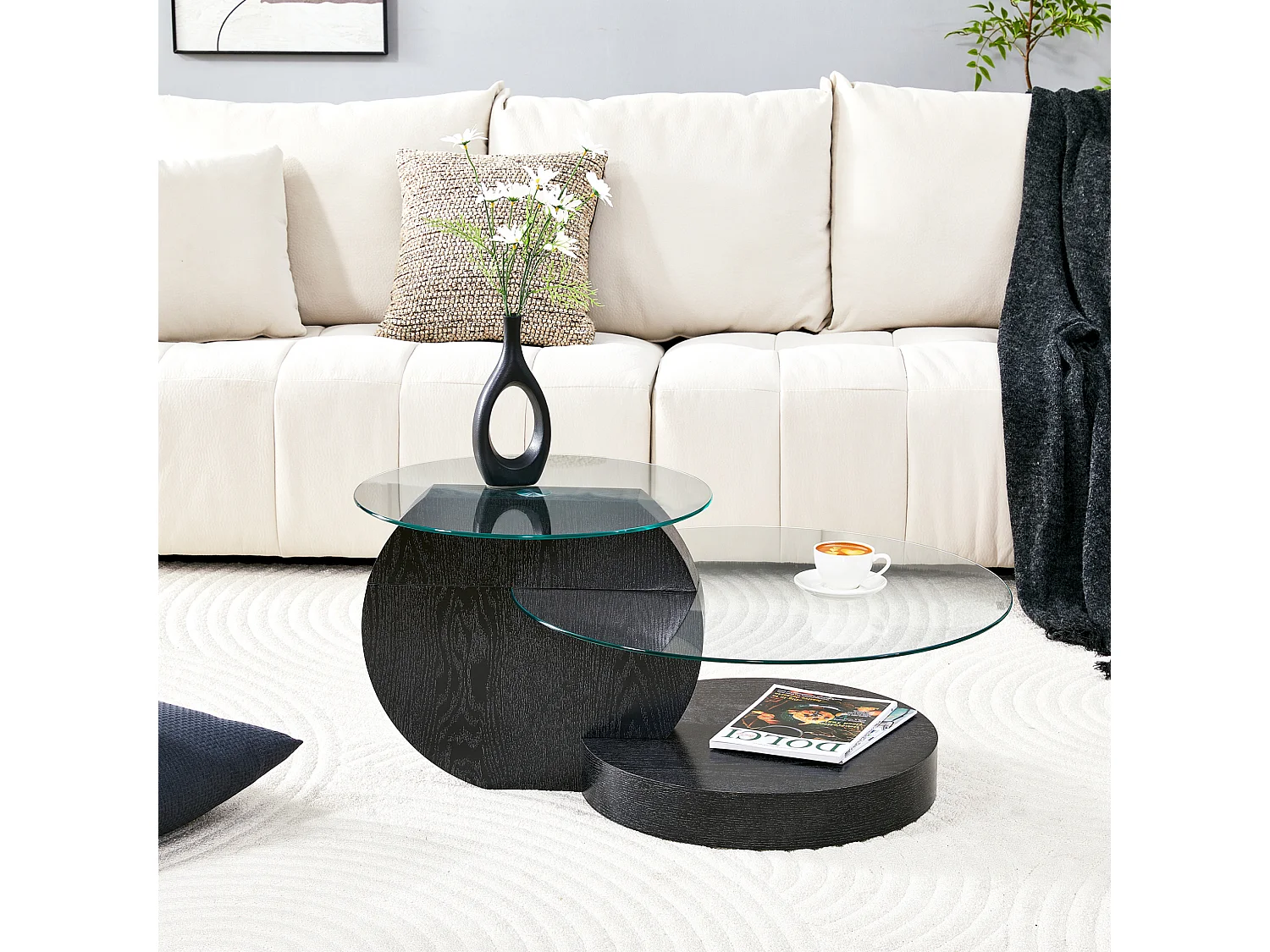 Mesa de centro minimalista de cristal de 2 niveles - Acabado madera negro