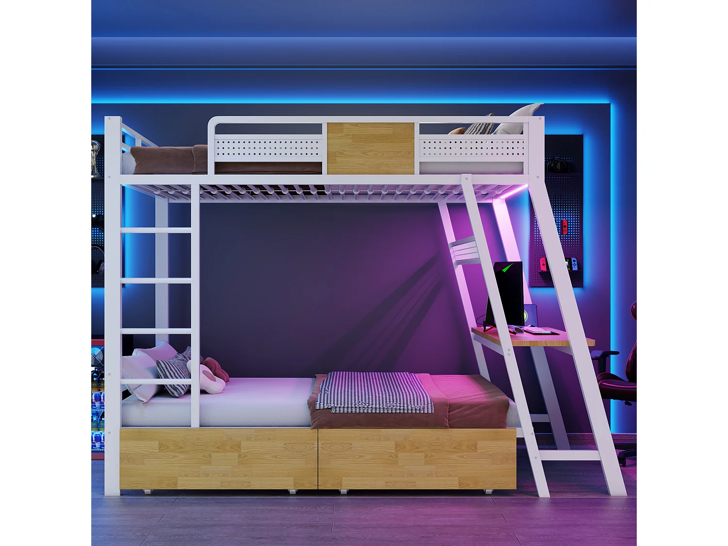 Lit superposé enfant 90x200 cm avec bureau, USB , 2 tiroirs et LED - Métal blanc