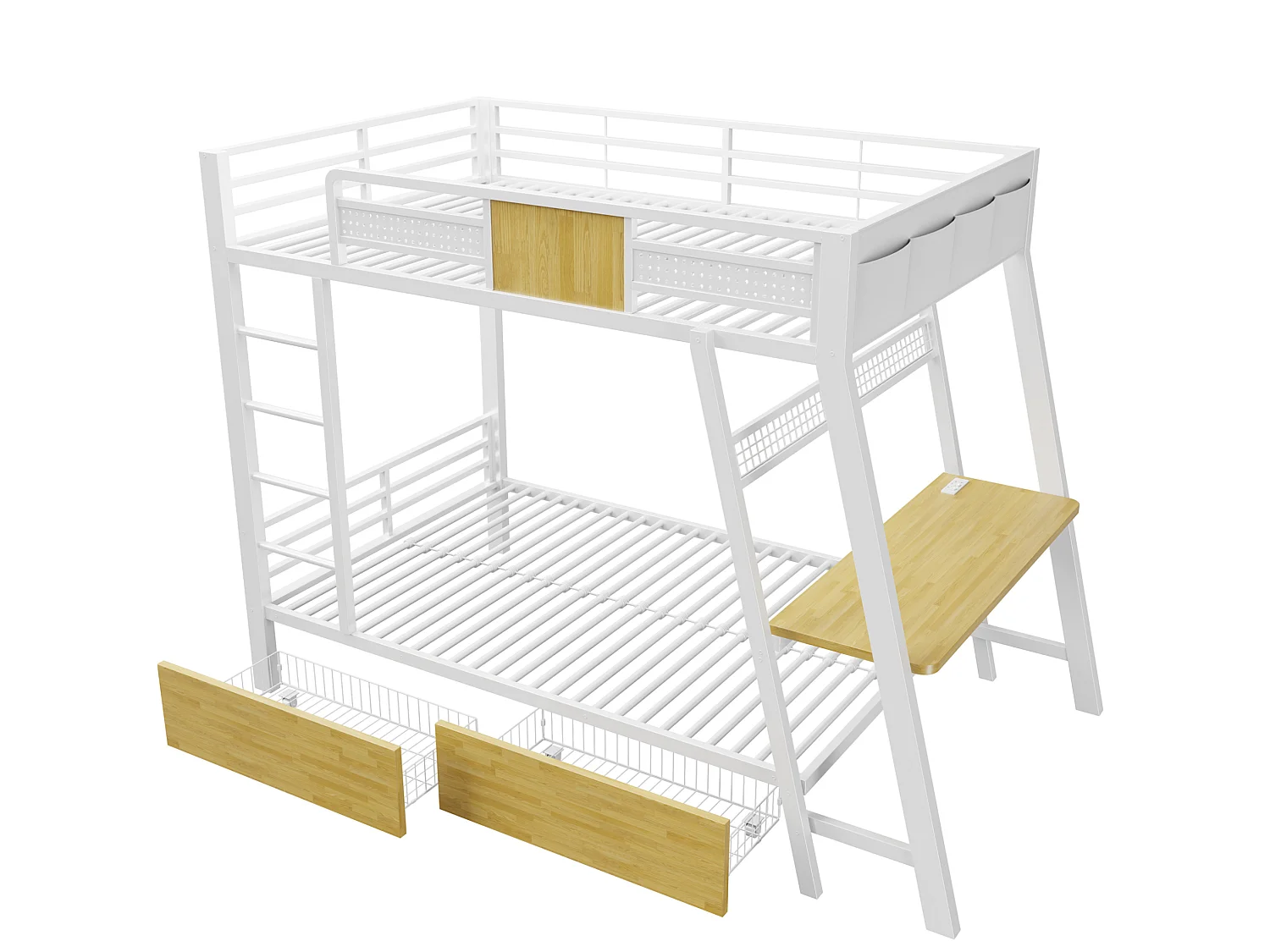 Lit superposé enfant 90x200 cm avec bureau, USB , 2 tiroirs et LED - Métal blanc