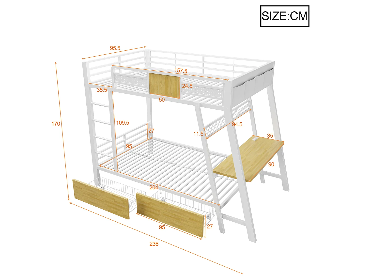 Lit superposé enfant 90x200 cm avec bureau, USB , 2 tiroirs et LED - Métal blanc