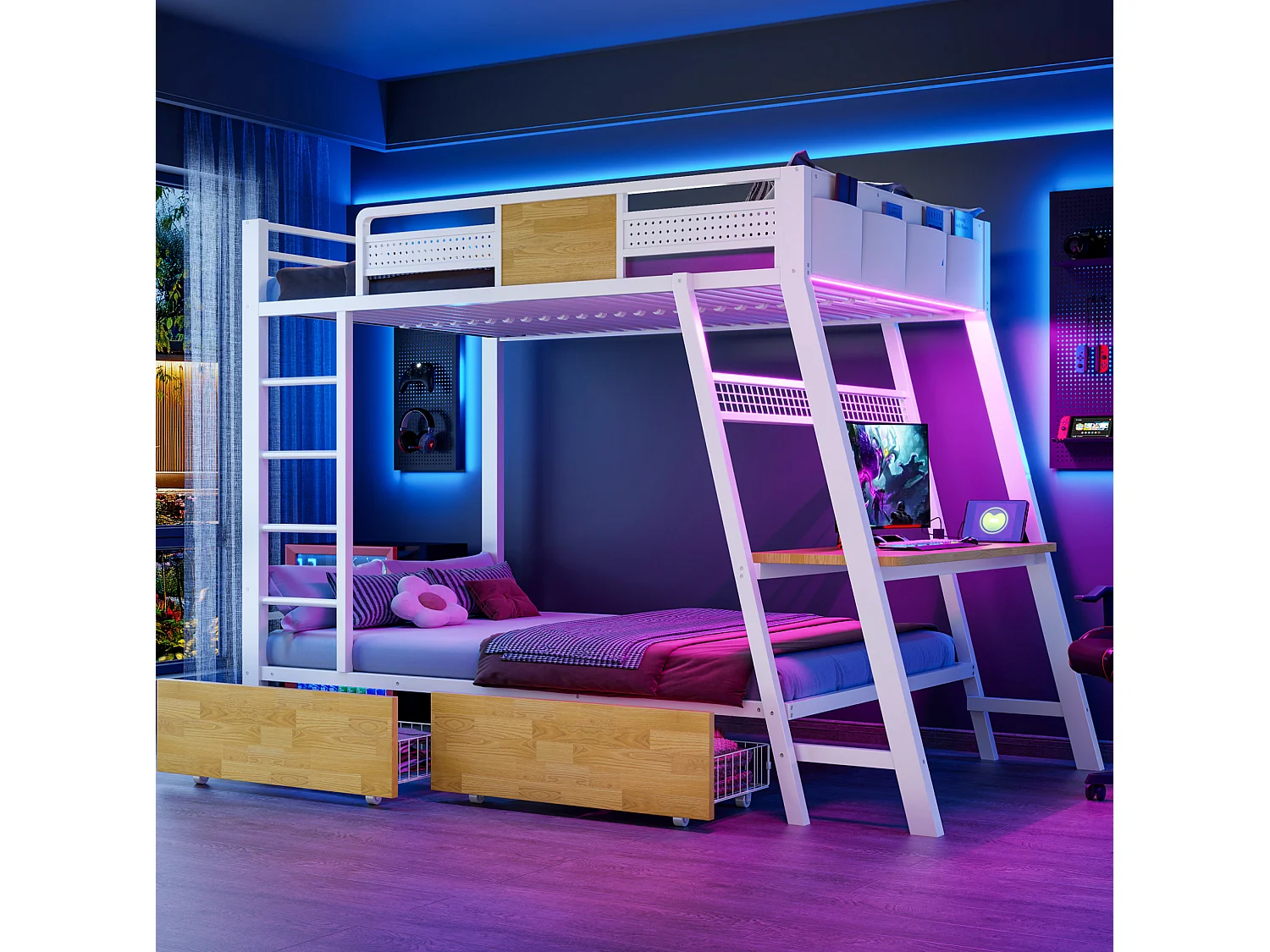 Lit superposé enfant 90x200 cm avec bureau, USB , 2 tiroirs et LED - Métal blanc